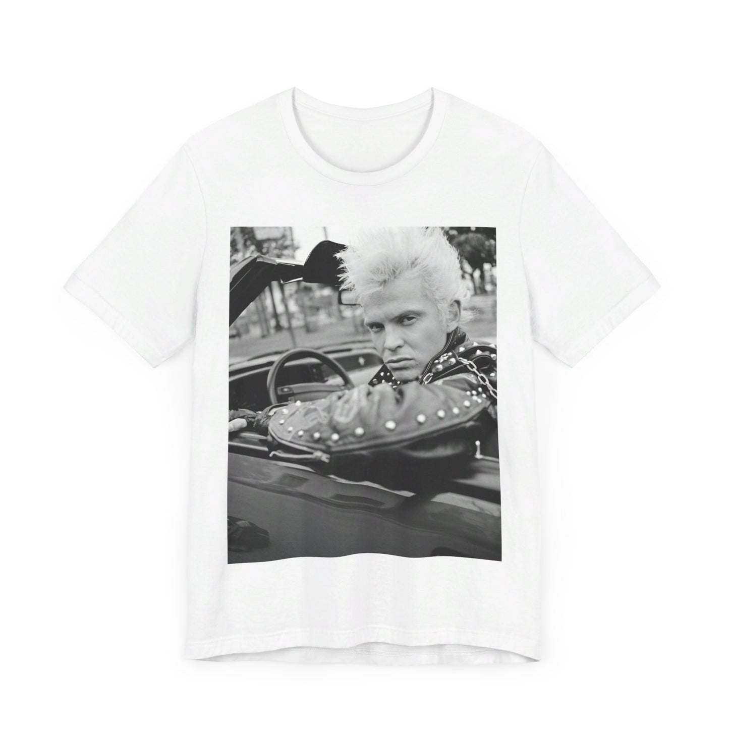 A black graphic t-shirt featuring a graphic of Billy Idol in a classic 80s punk rock pose.