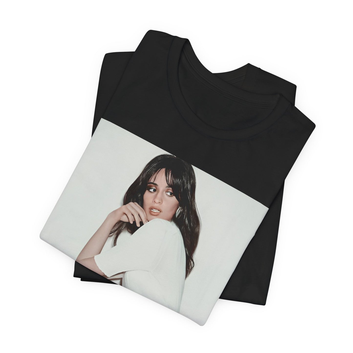 A black graphic t-shirt featuring a stylized graphic of Camila Cabello as a Latin pop princess.