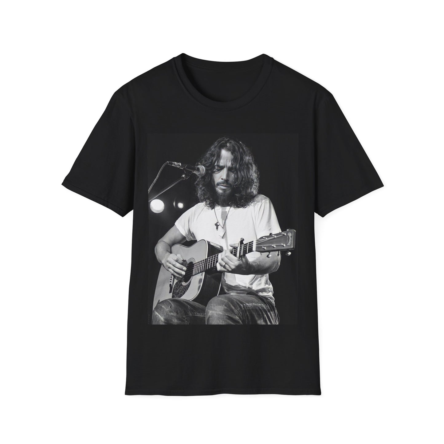 A black graphic t-shirt featuring a retro graphic of Chris Cornell playing guitar live on stage.