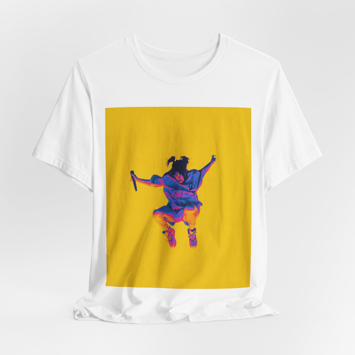 A stylized graphic of Billie Eilish jumping in the air with a microphone, rendered with psychedelic thermal colors against a solid yellow background.