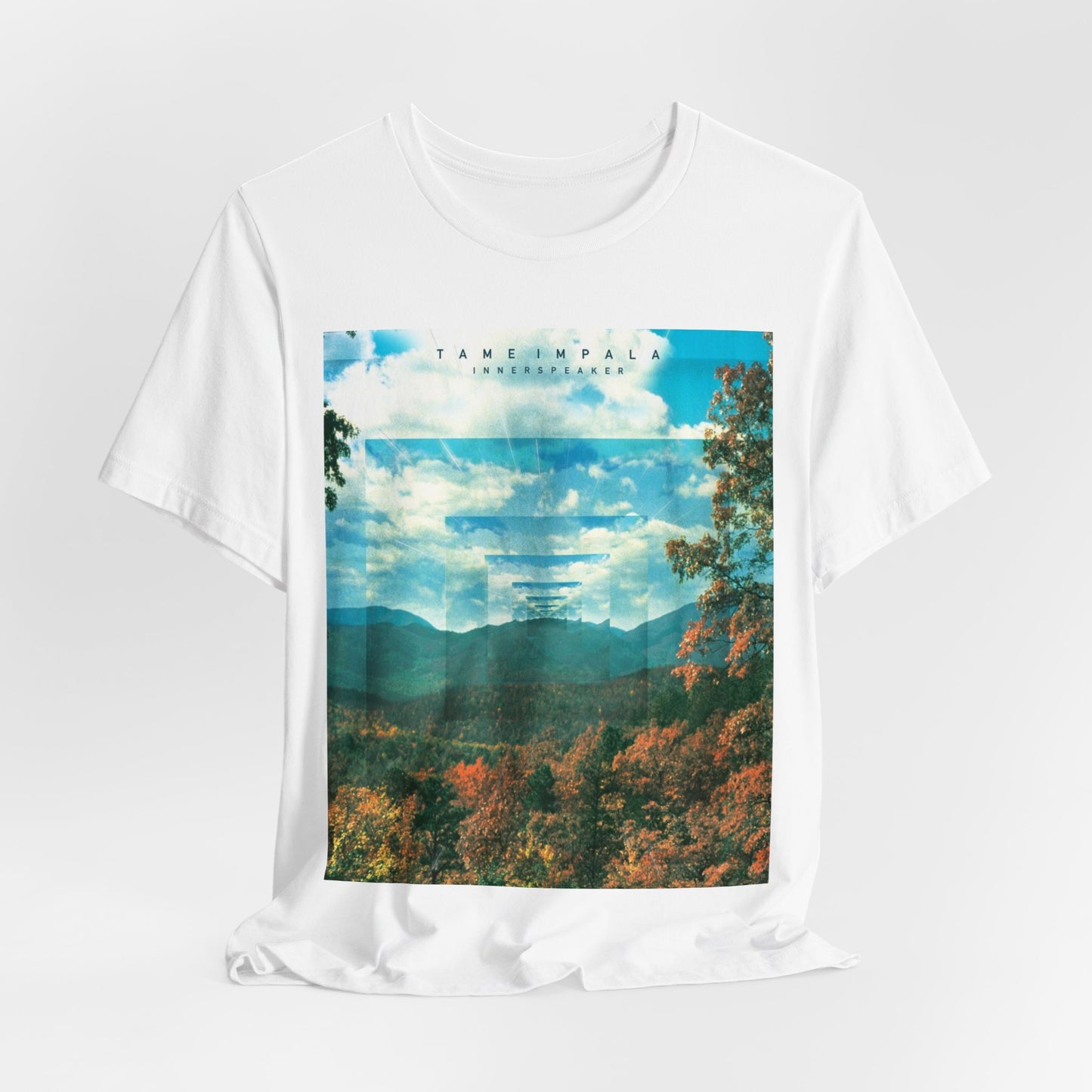 A black graphic t-shirt featuring a graphic related to Tame Impala's 'InnerSpeaker' album.