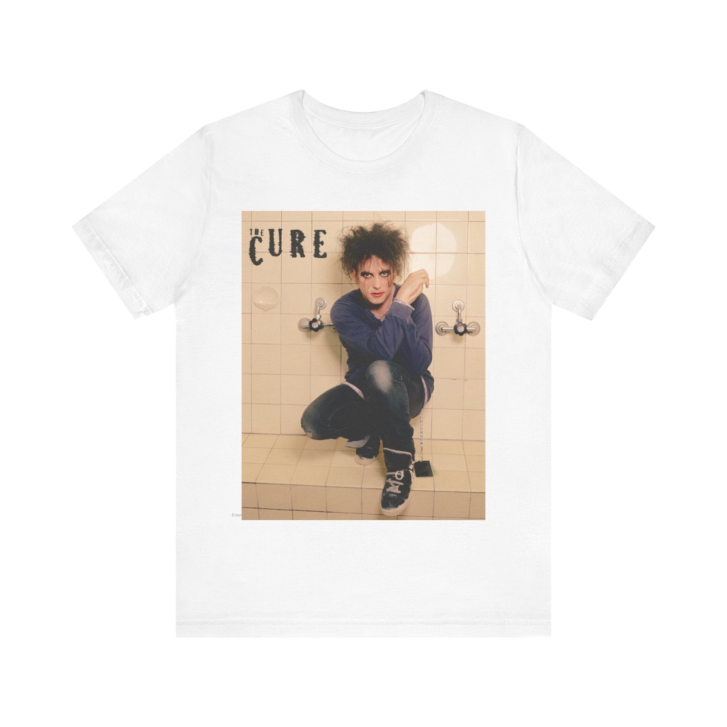 A black graphic t-shirt featuring a graphic related to The Cure's 'Friday I'm In Love' song or era.