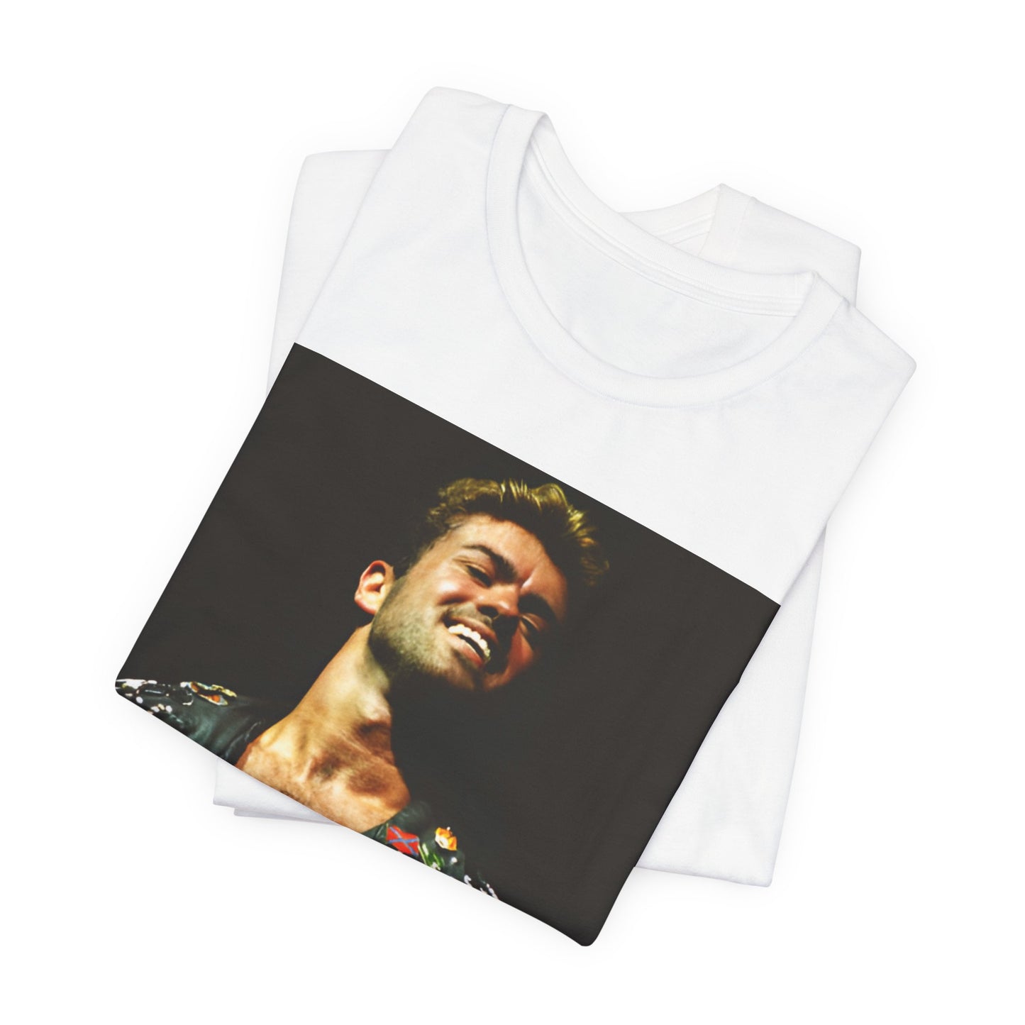 A black graphic t-shirt featuring a graphic related to George Michael's 'Careless Whisper' song or era.