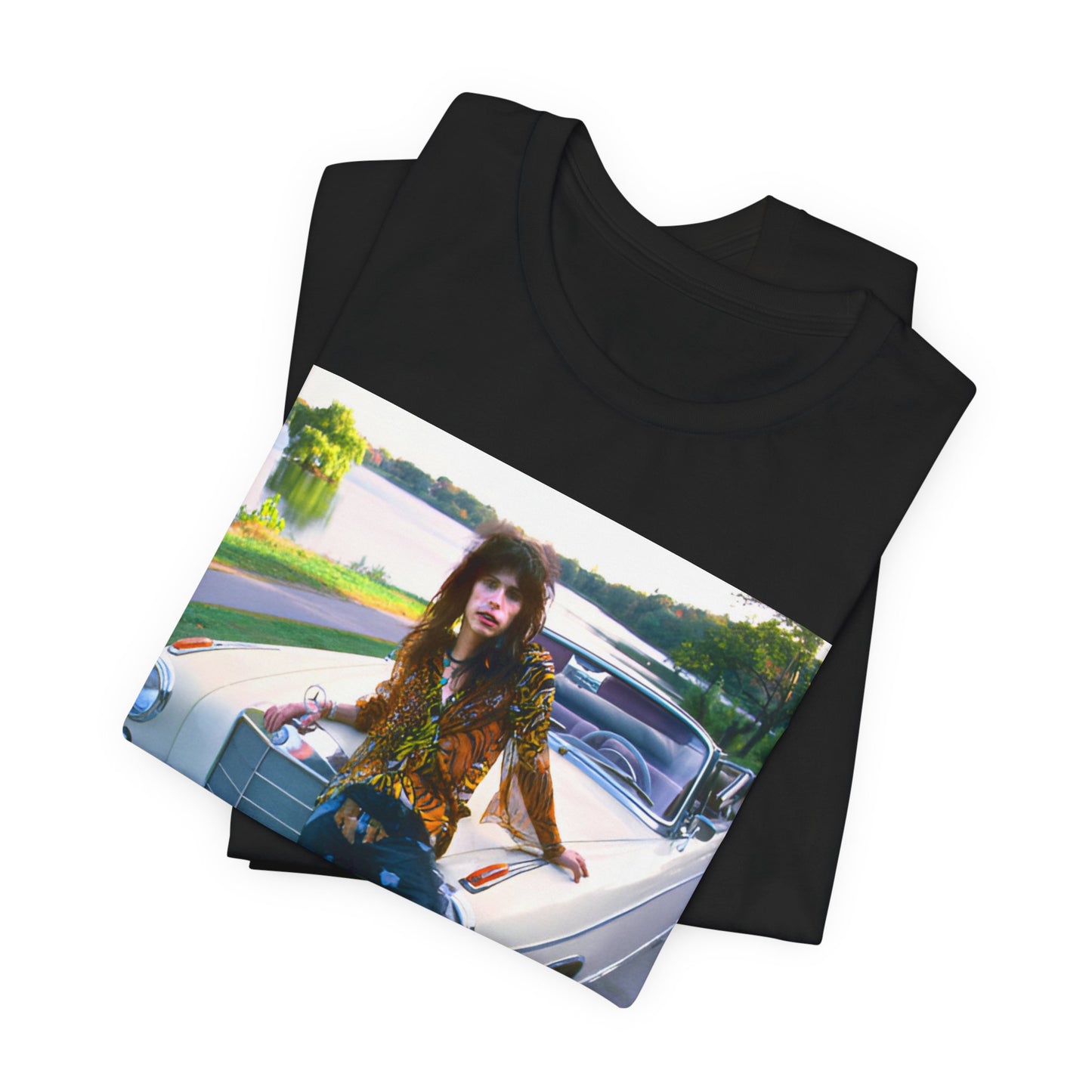 A black graphic t-shirt featuring a retro 70s photo of Aerosmith band members in a bohemian style, posing with a classic Mercedes car.