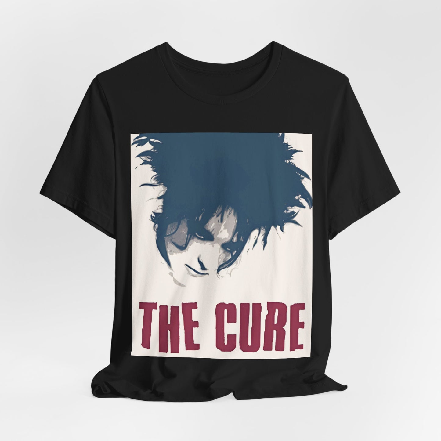 A black graphic t-shirt featuring a graphic related to The Cure's 'Boys Don't Cry' song or era.