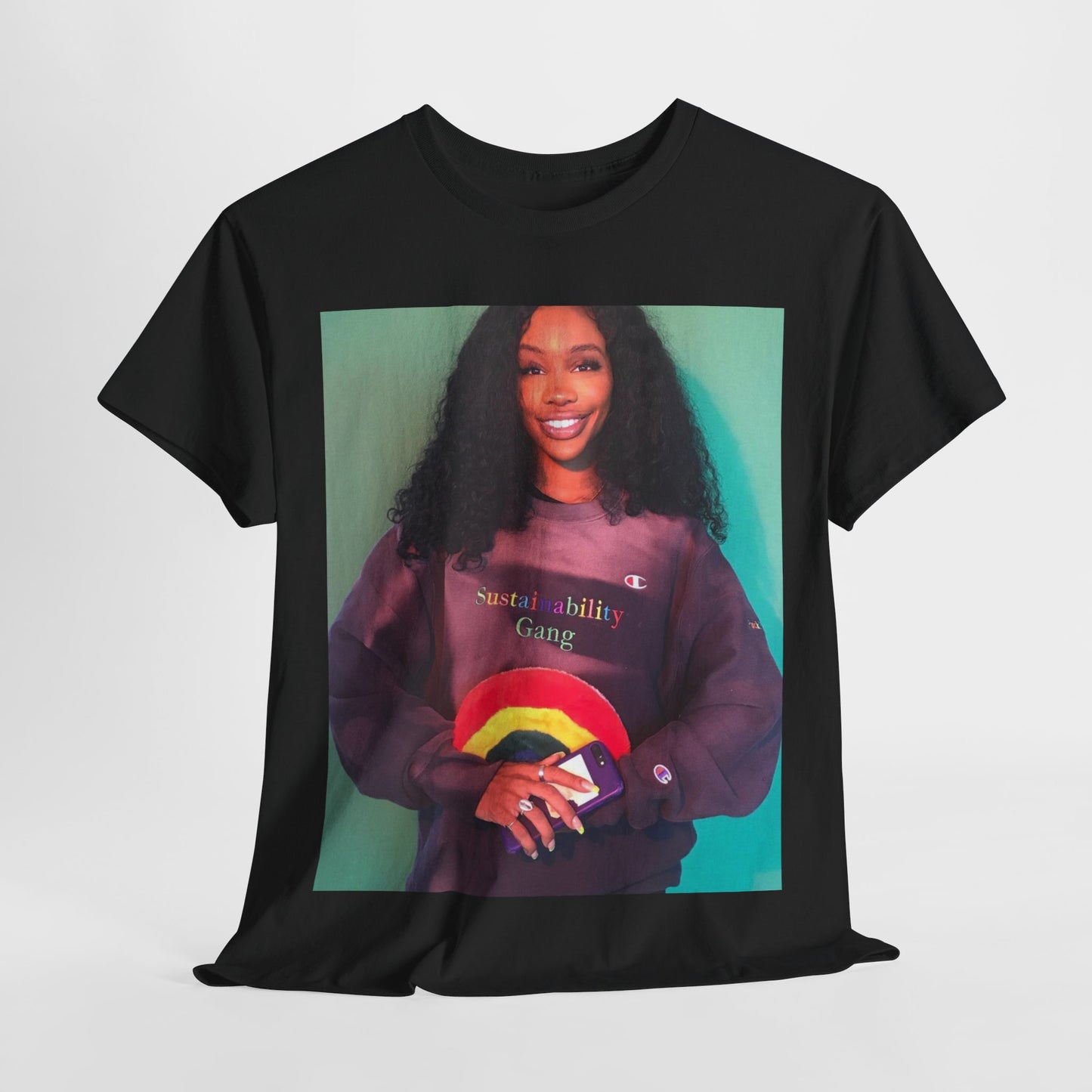 A black graphic t-shirt featuring a graphic of SZA with a feel-good R&B vibe.