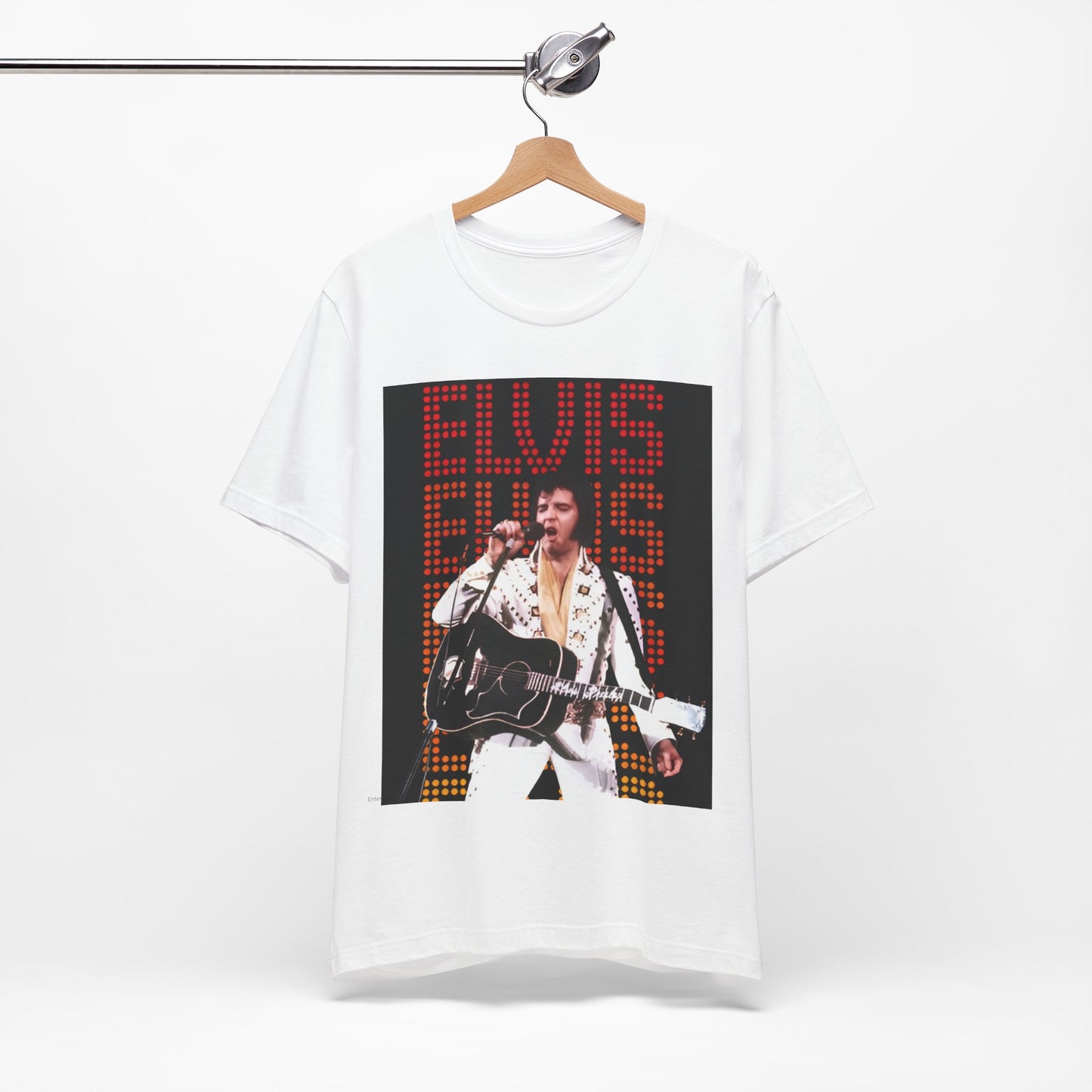 A black graphic t-shirt featuring a graphic related to Elvis Presley's '68 Comeback Special'.