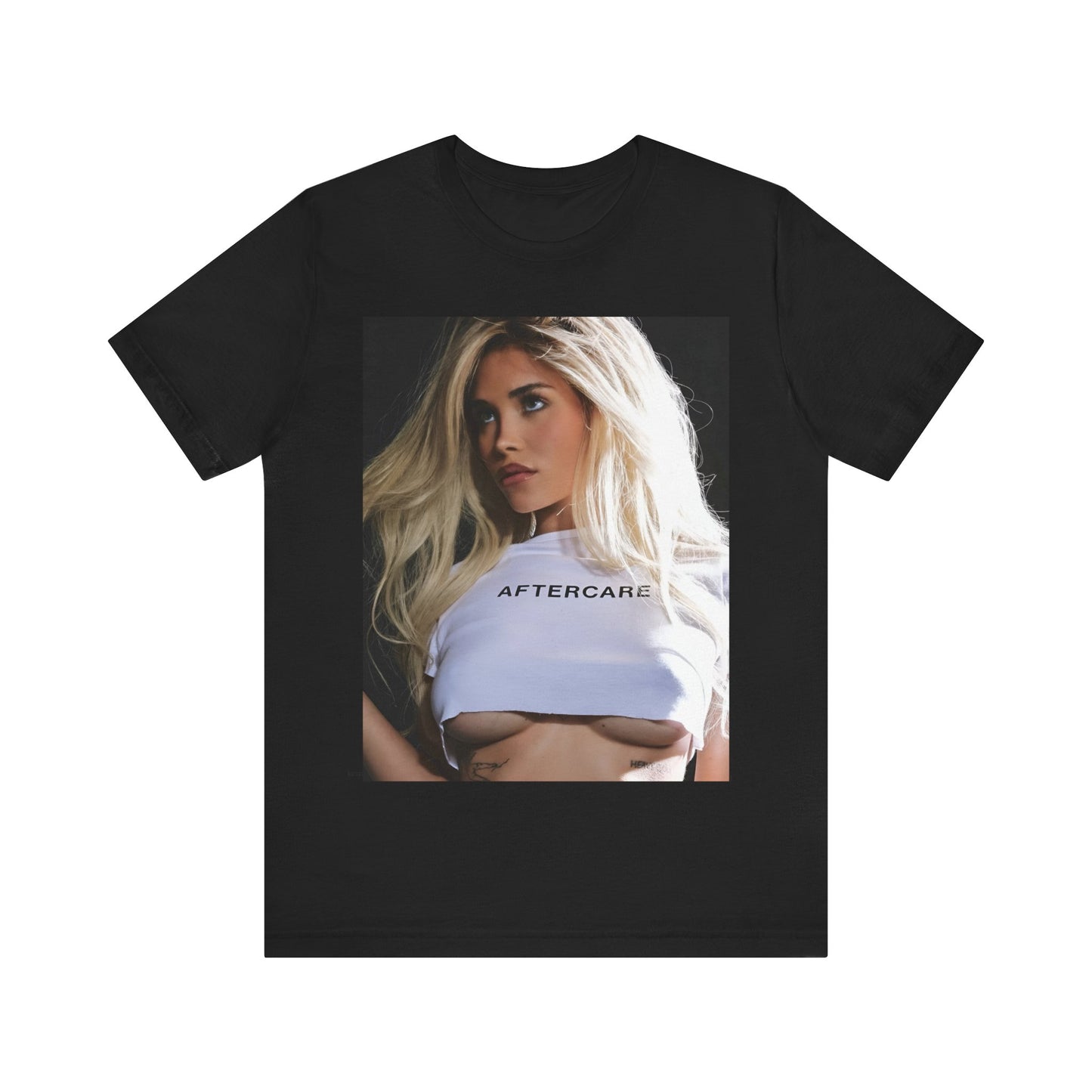 A black graphic t-shirt featuring a graphic related to Nessa Barrett's 'Aftercare' themes.