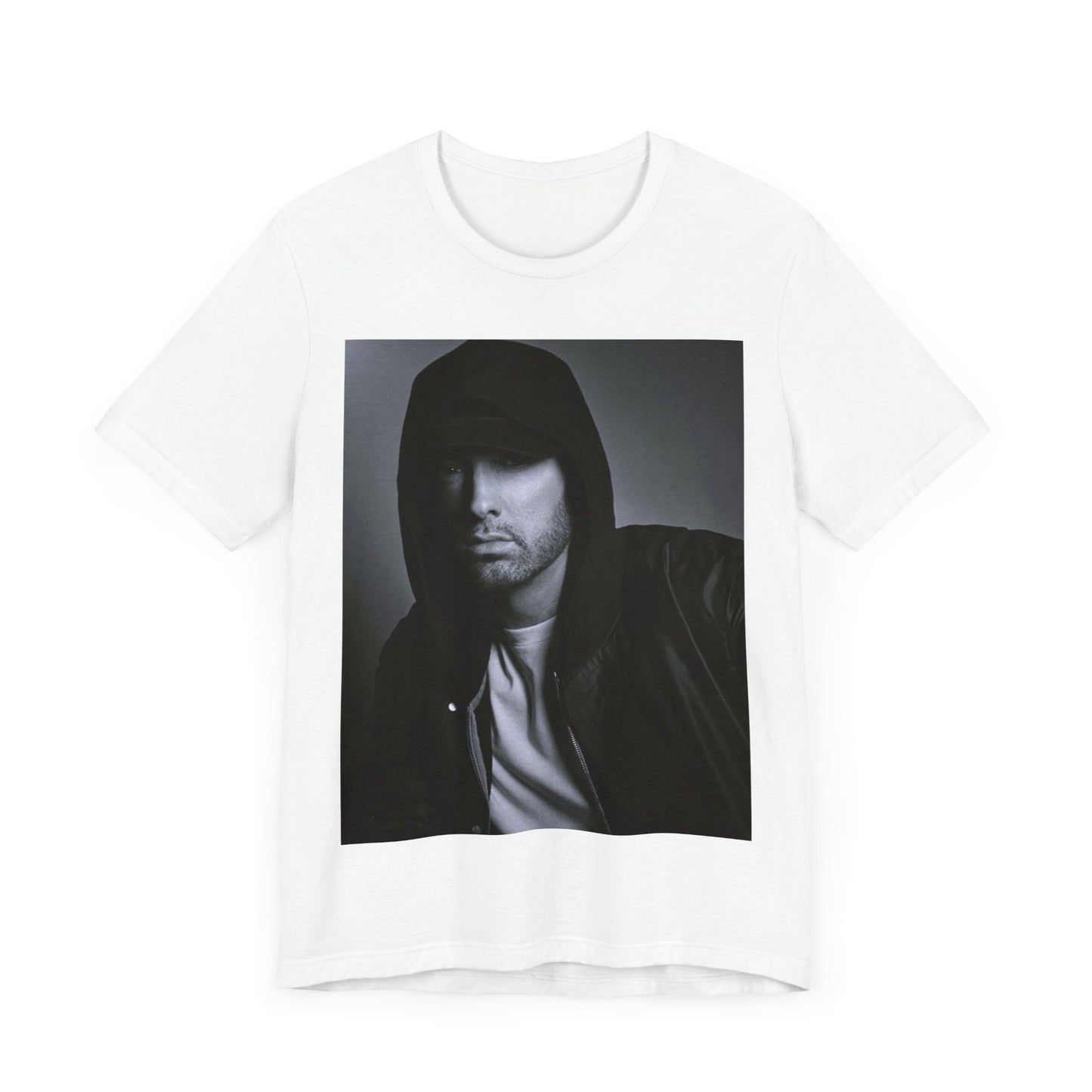 A black graphic t-shirt featuring a black and white, monochrome graphic or photo of Eminem.