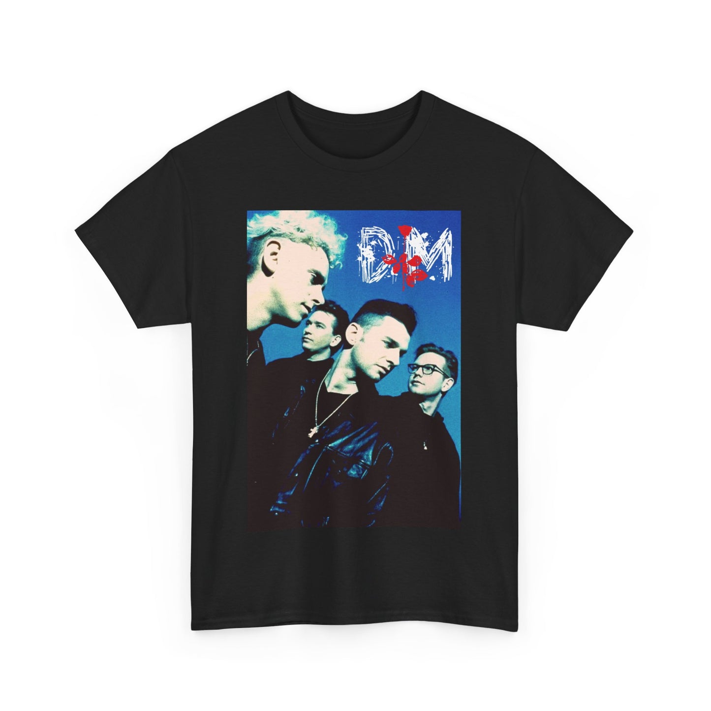 A black graphic t-shirt featuring a vintage photo related to Depeche Mode's 'Violator' album era.