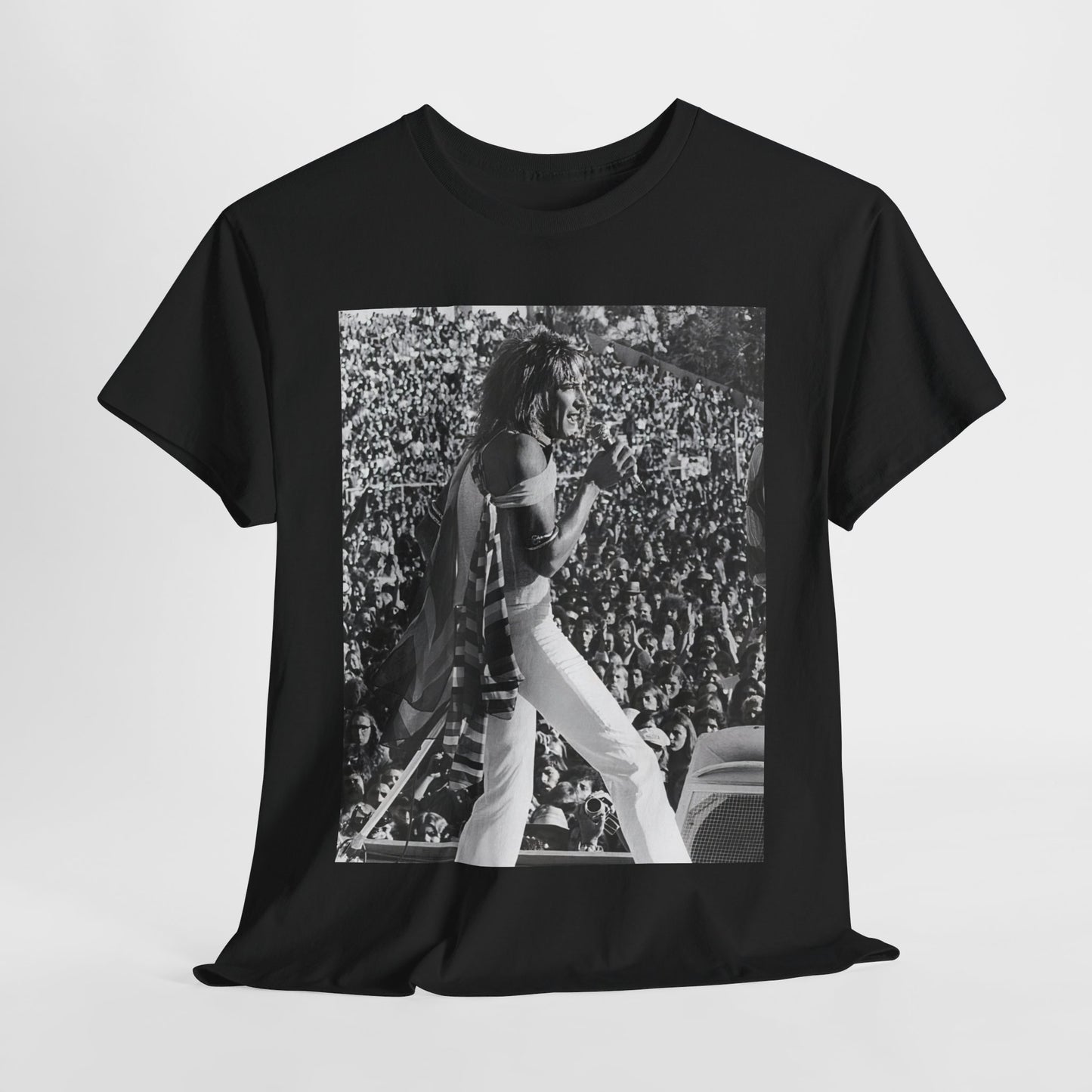 A black graphic t-shirt featuring a 70s on stage concert graphic of Rod Stewart.