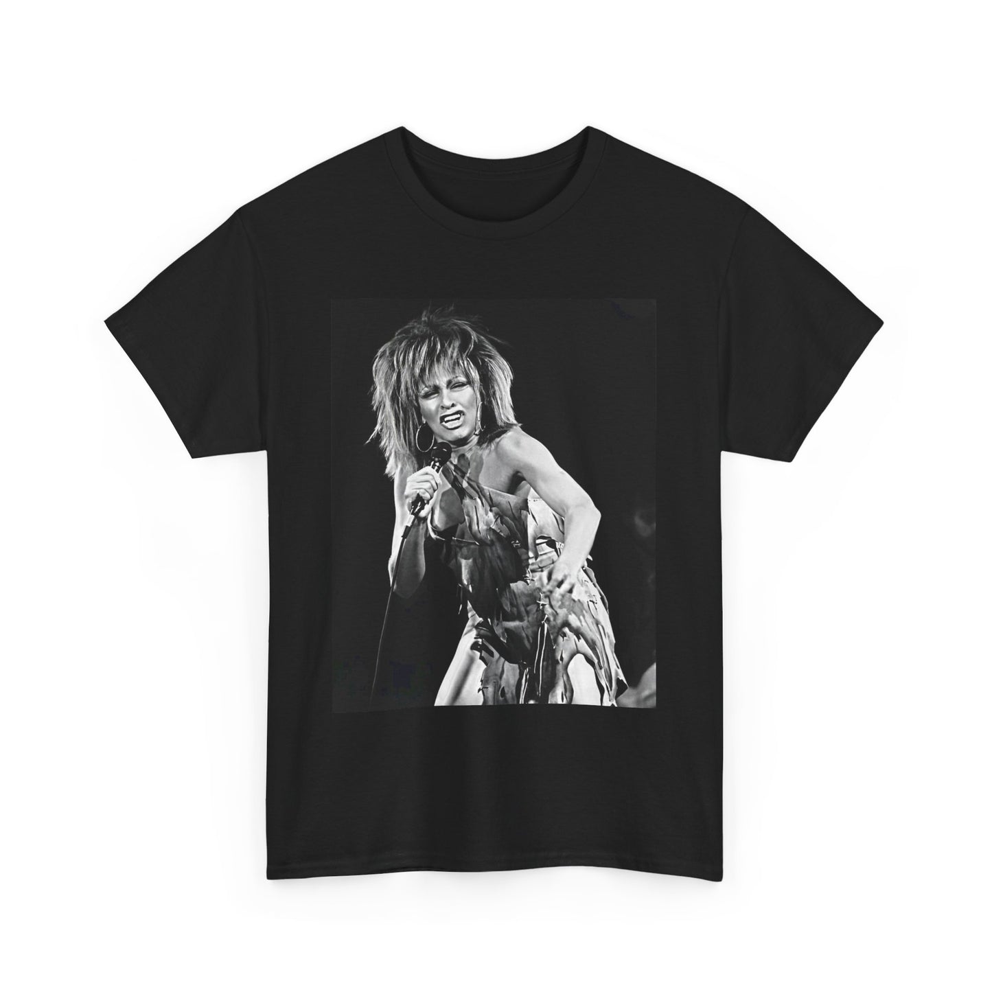 A black graphic t-shirt featuring a graphic of Tina Turner as an inspiring legend.