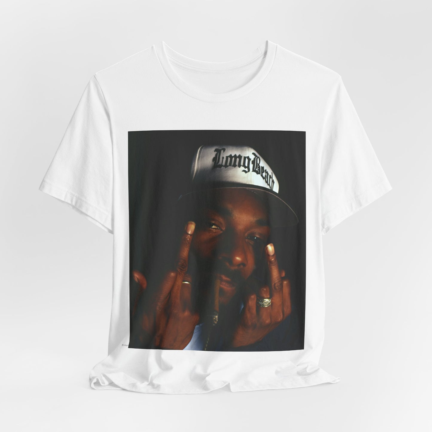 A black graphic t-shirt featuring a graphic of Snoop Dogg giving the middle finger.