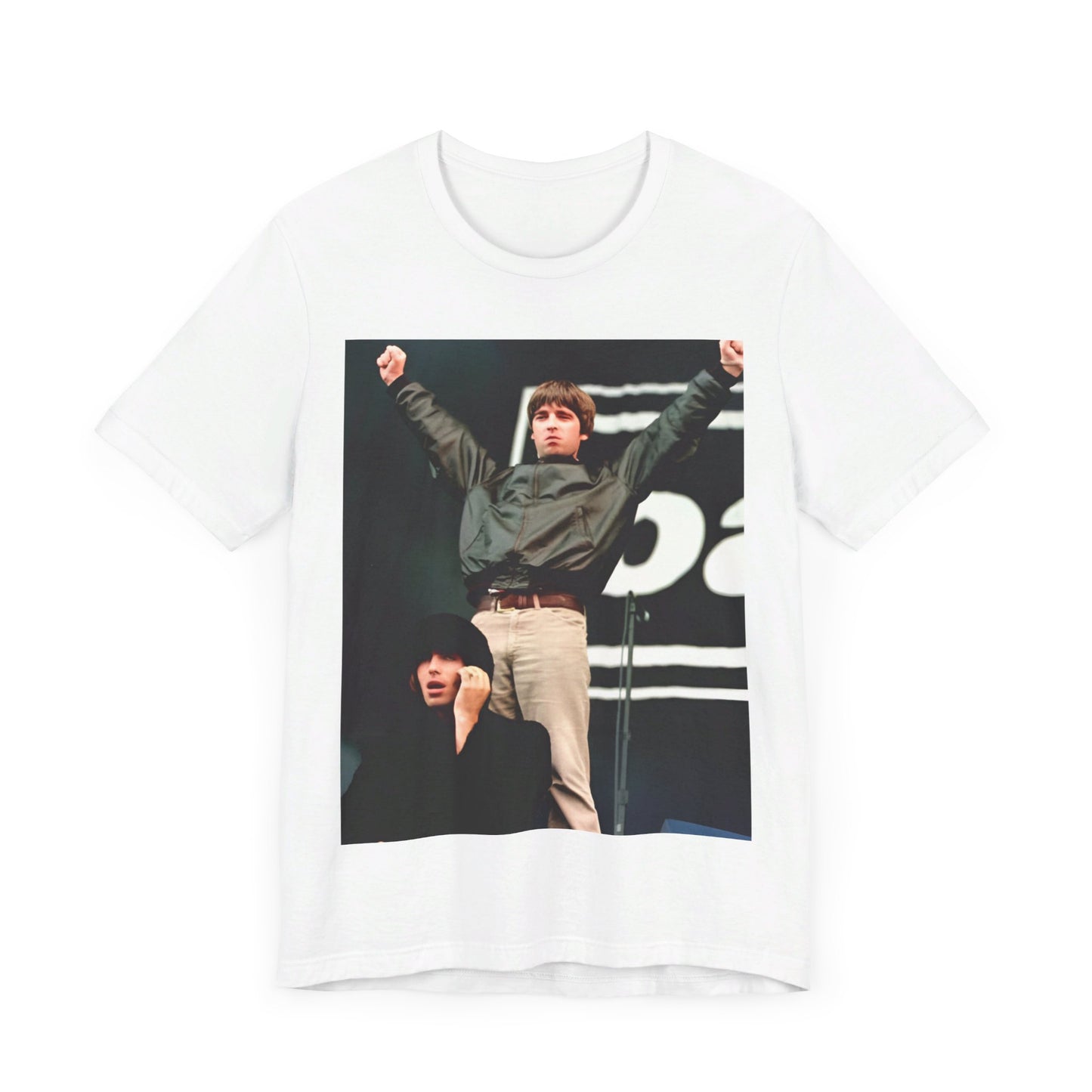 A black graphic t-shirt featuring a graphic or photo of Liam and Noel Gallagher from Oasis performing live on stage.