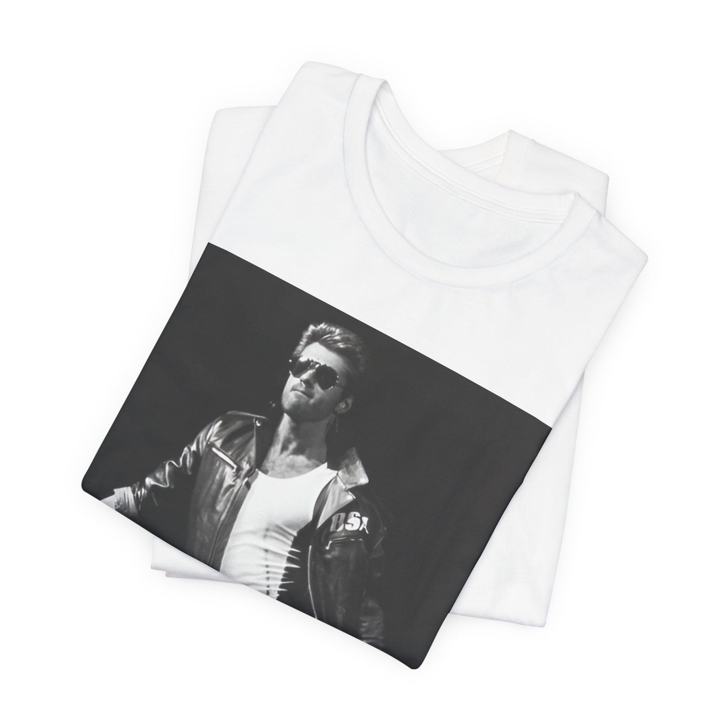 A black graphic t-shirt featuring a retro black and white monochrome graphic or photo of George Michael.