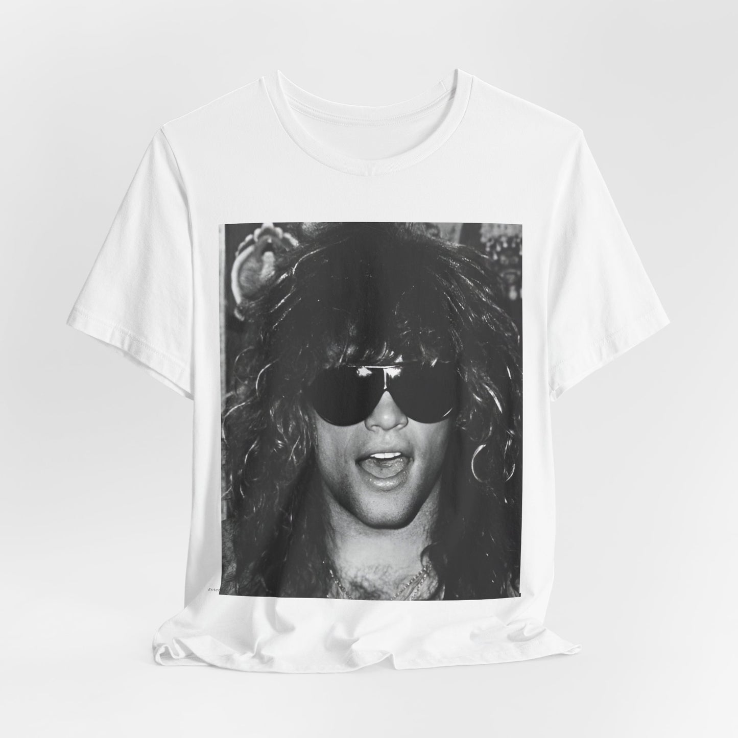 A black graphic t-shirt featuring a graphic or photo of Bon Jovi in a backstage setting.