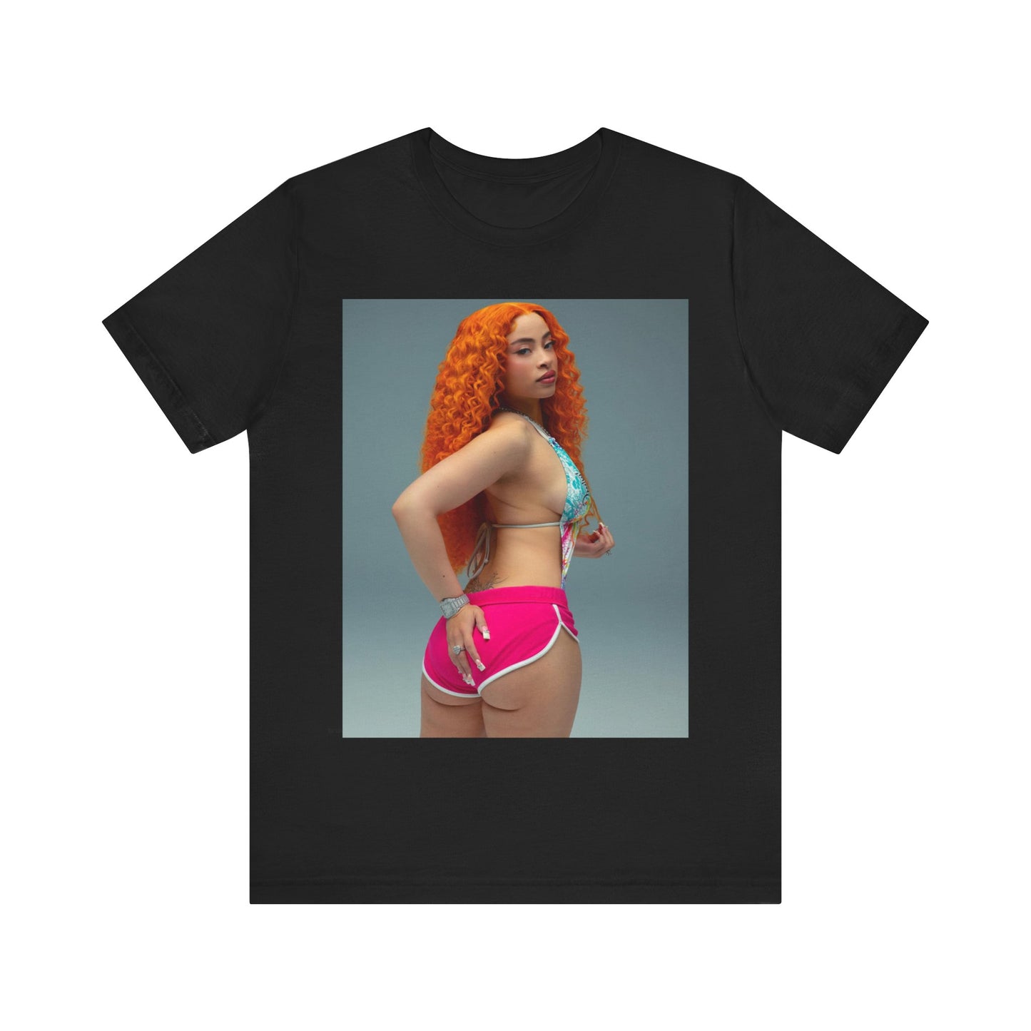 A black graphic t-shirt featuring a Y2K hip hop graphic of Ice Spice.