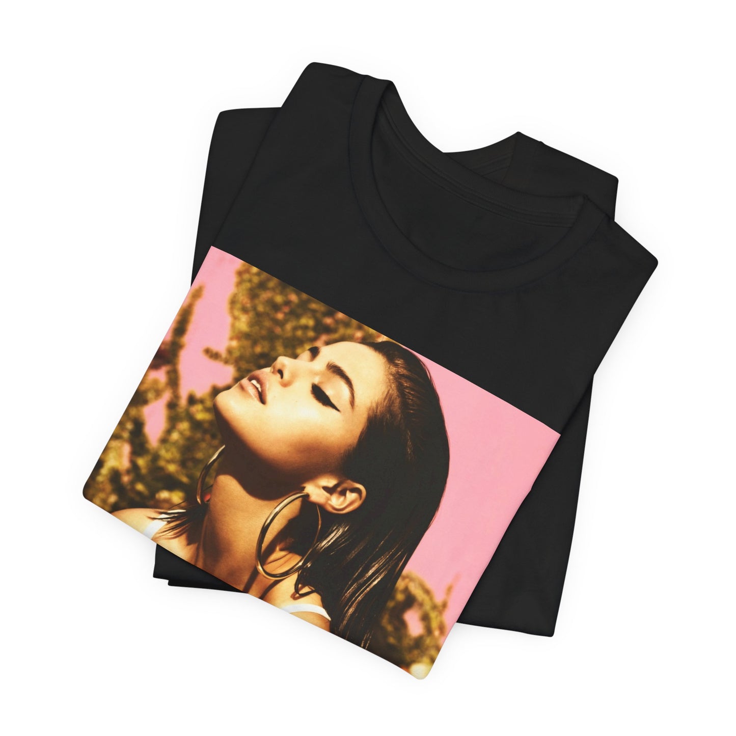 A black graphic t-shirt featuring a graphic of Selena Gomez emphasizing her timeless beauty.