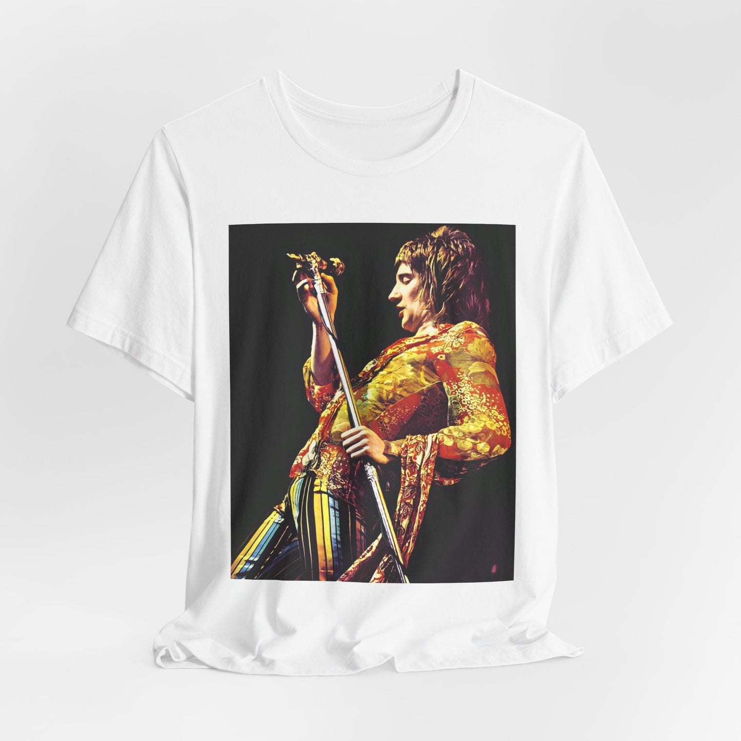 A black graphic t-shirt featuring a fierce graphic of Rod Stewart performing on stage from the 70s.