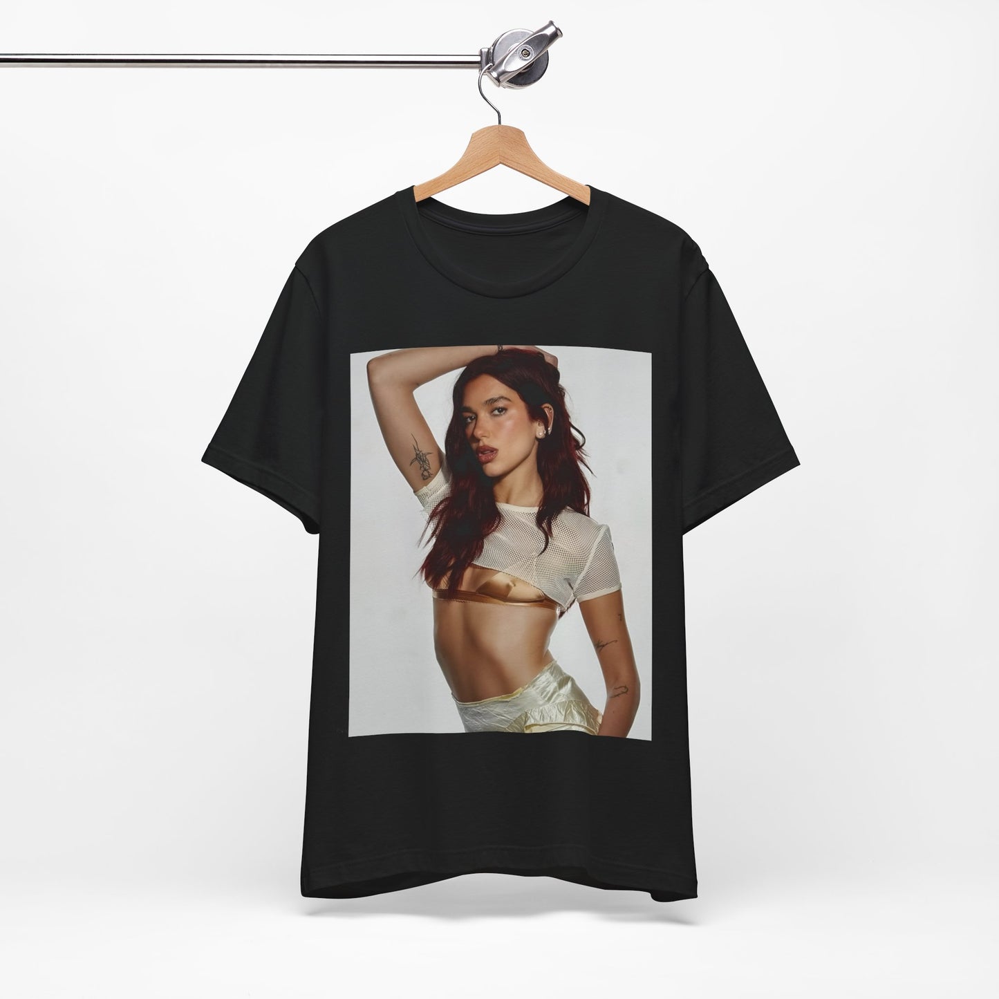 A black graphic t-shirt featuring a minimal graphic of Dua Lipa.