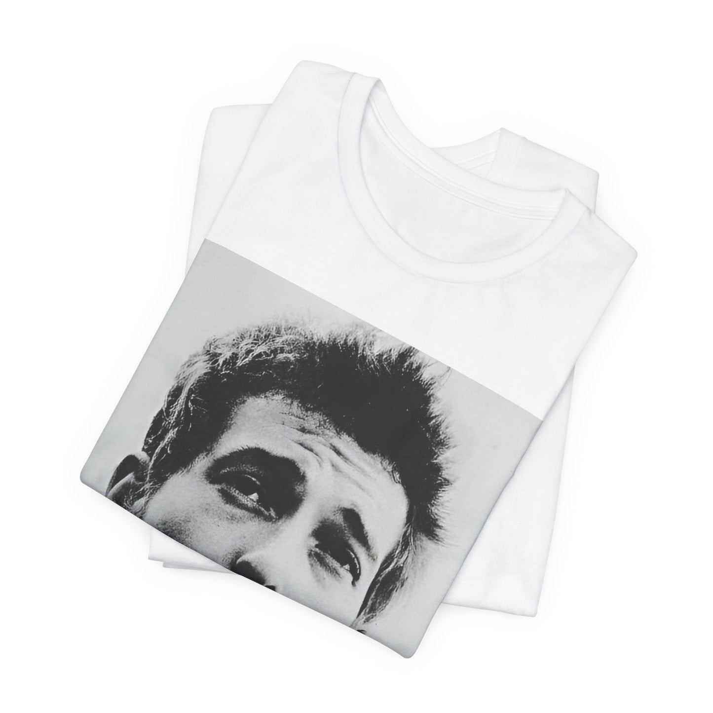A black graphic t-shirt featuring a retro black and white folk iconic graphic of Bob Dylan.