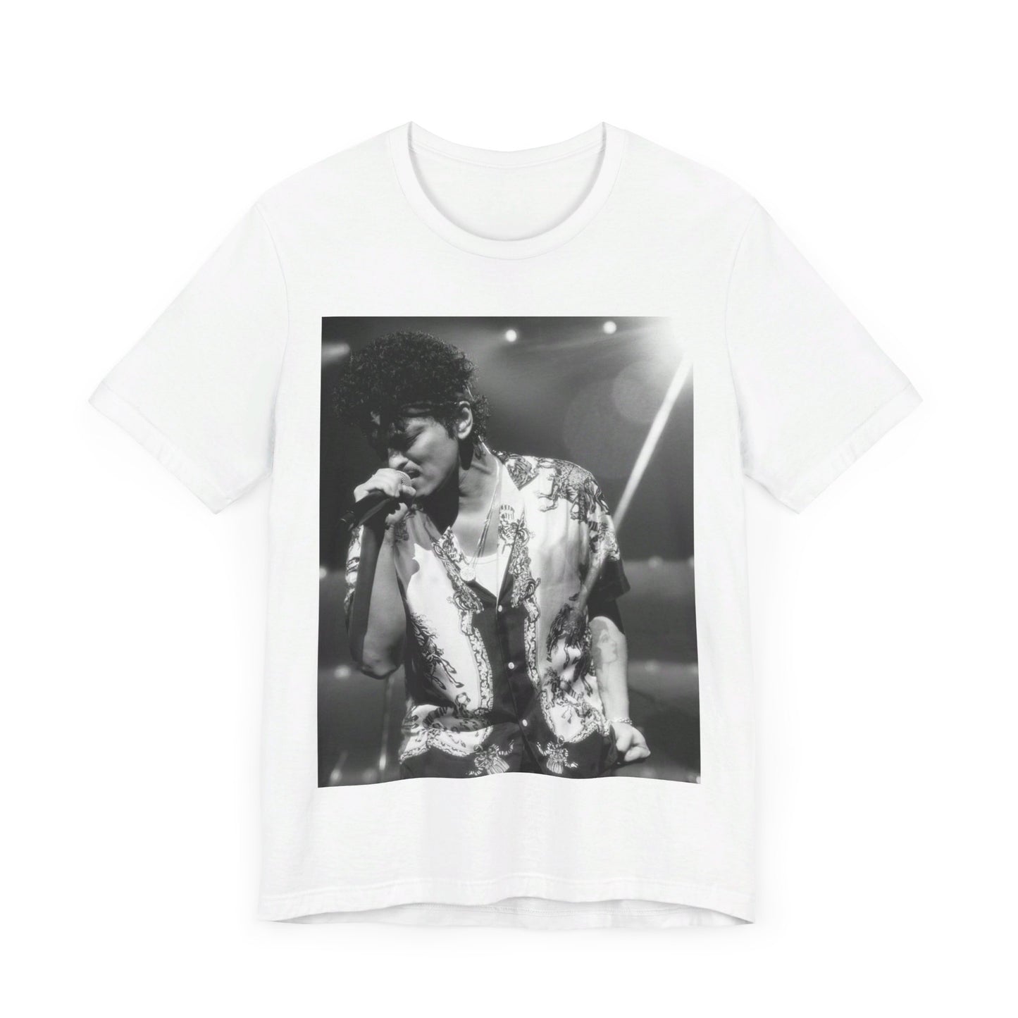 A black graphic t-shirt featuring a retro-style graphic of Bruno Mars as a soul icon.