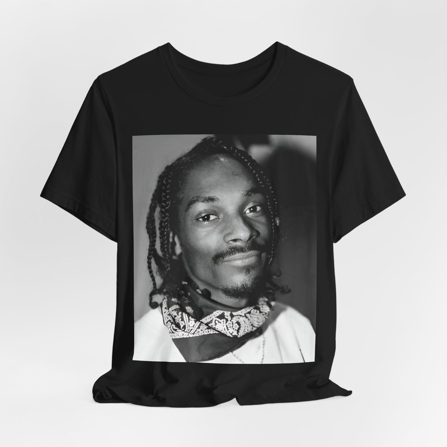 A black graphic t-shirt featuring a modern rap essential graphic of Snoop Dogg.