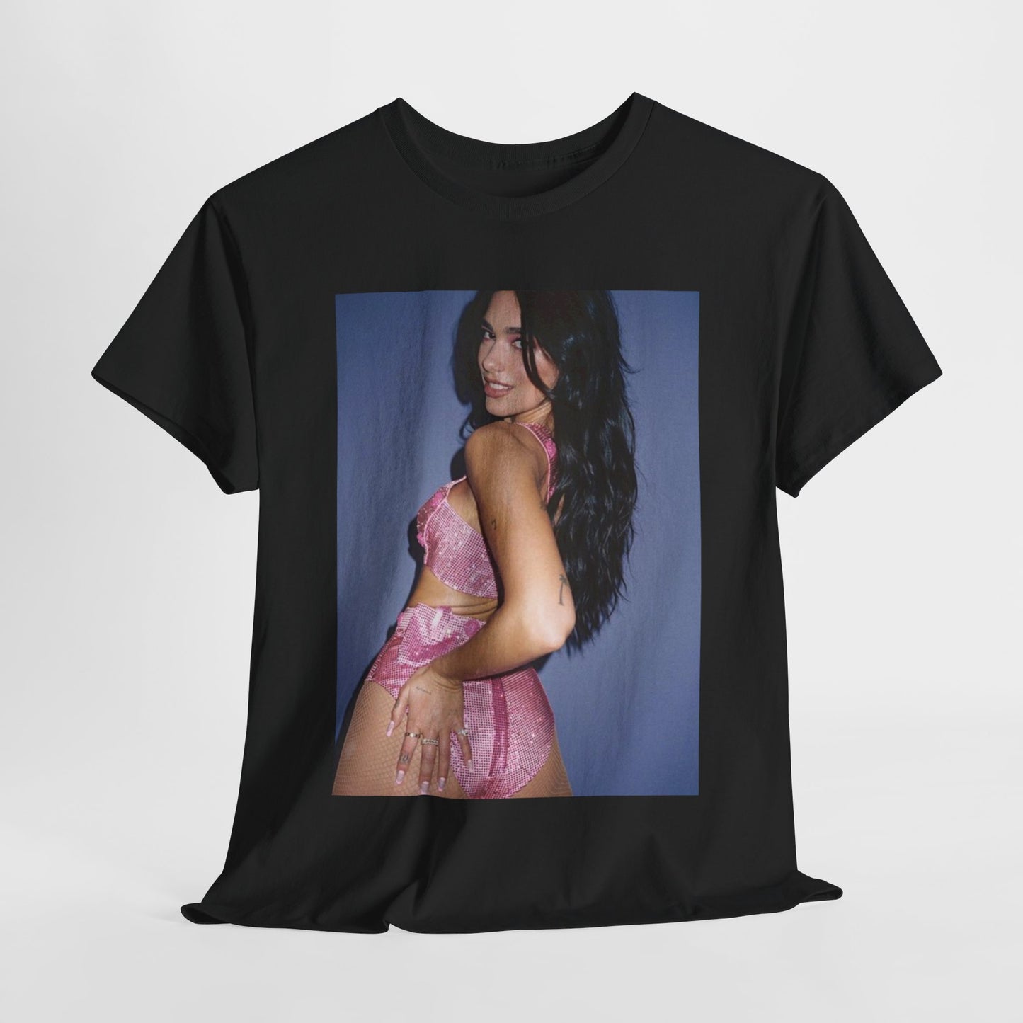 A black graphic t-shirt featuring a glamorous graphic of Dua Lipa, evoking her "Future Nostalgia" era.