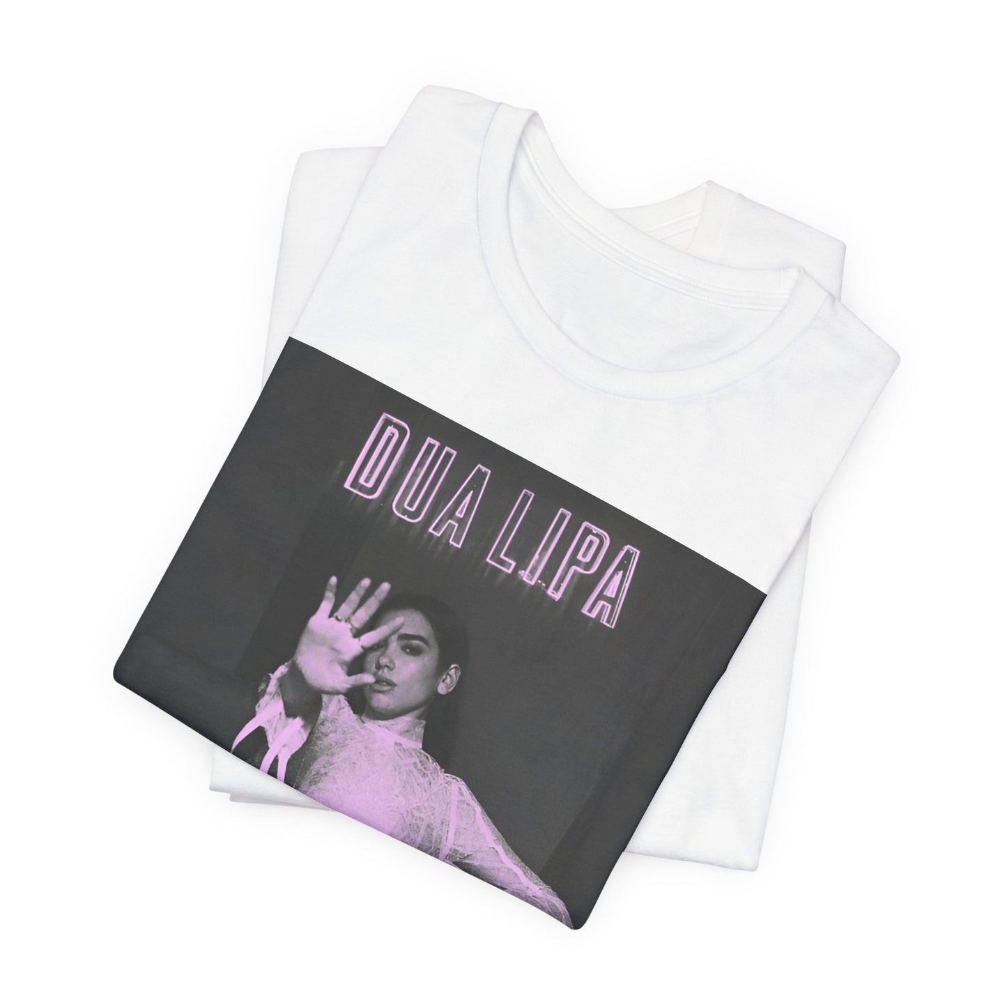 A black graphic t-shirt featuring a photo of Dua Lipa with a pink monochrome effect.