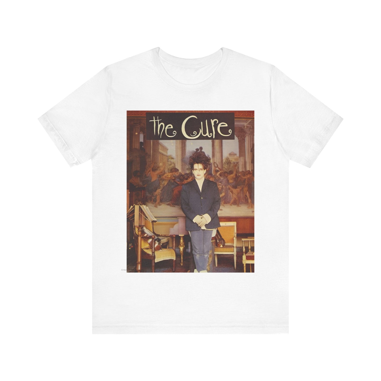 A black graphic t-shirt featuring a graphic of Robert Smith from The Cure as a goth icon.