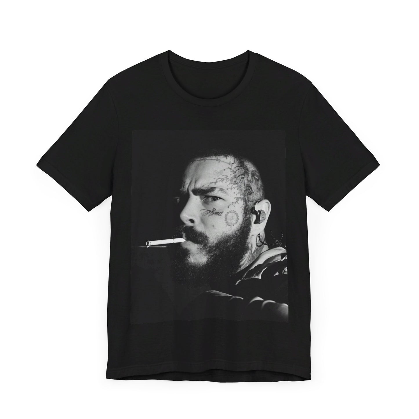 A black graphic t-shirt featuring a black and white portrait graphic of Post Malone.