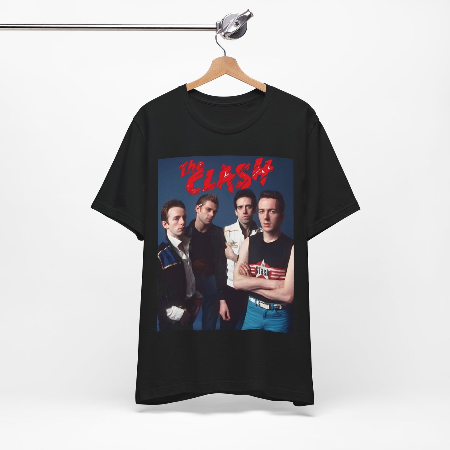 A black graphic t-shirt featuring a vintage graphic related to The Clash's 'Combat Rock' album era.