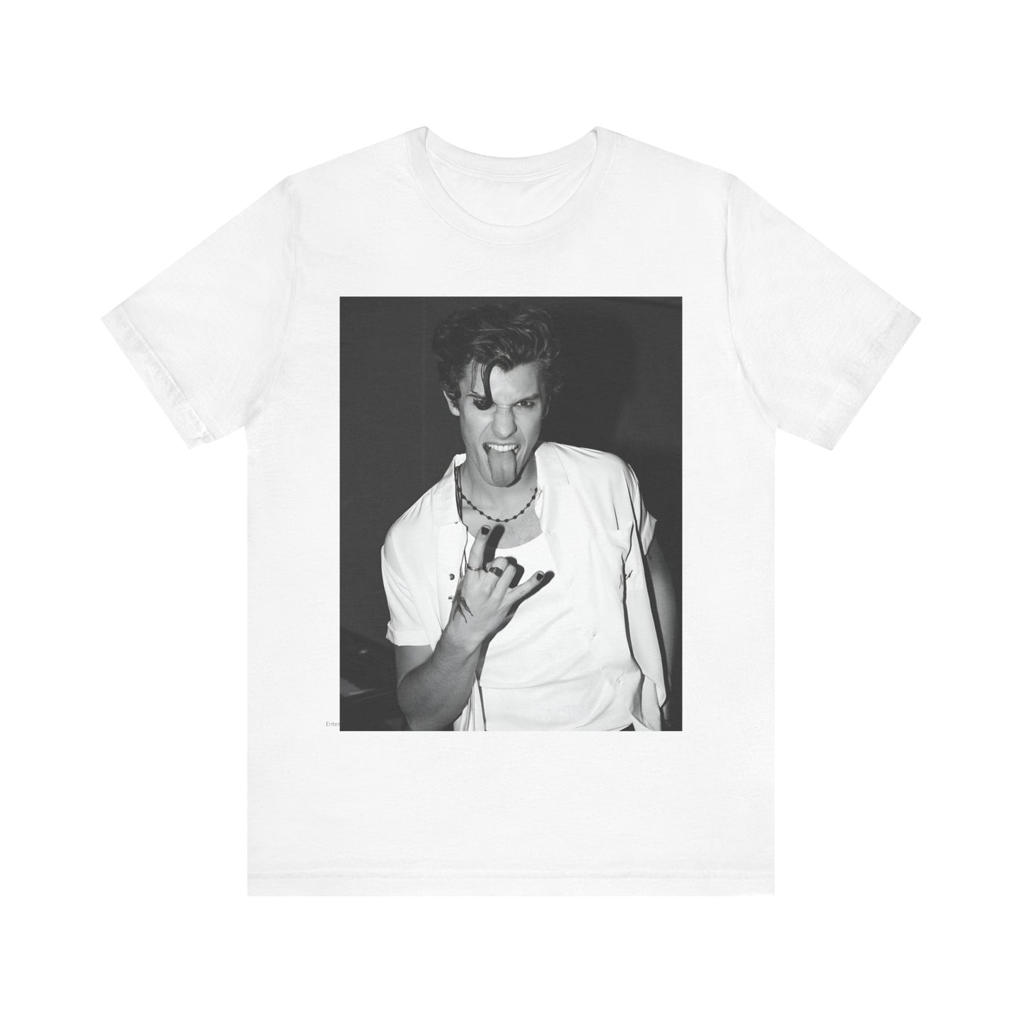 A black graphic t-shirt featuring a casual black and white fan graphic of Shawn Mendes.