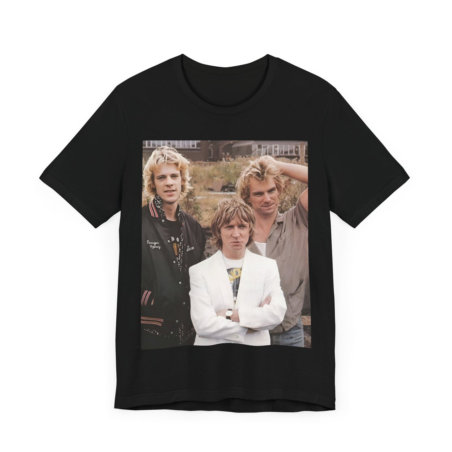 A black graphic t-shirt featuring a graphic of The Police as a timeless three-piece band.