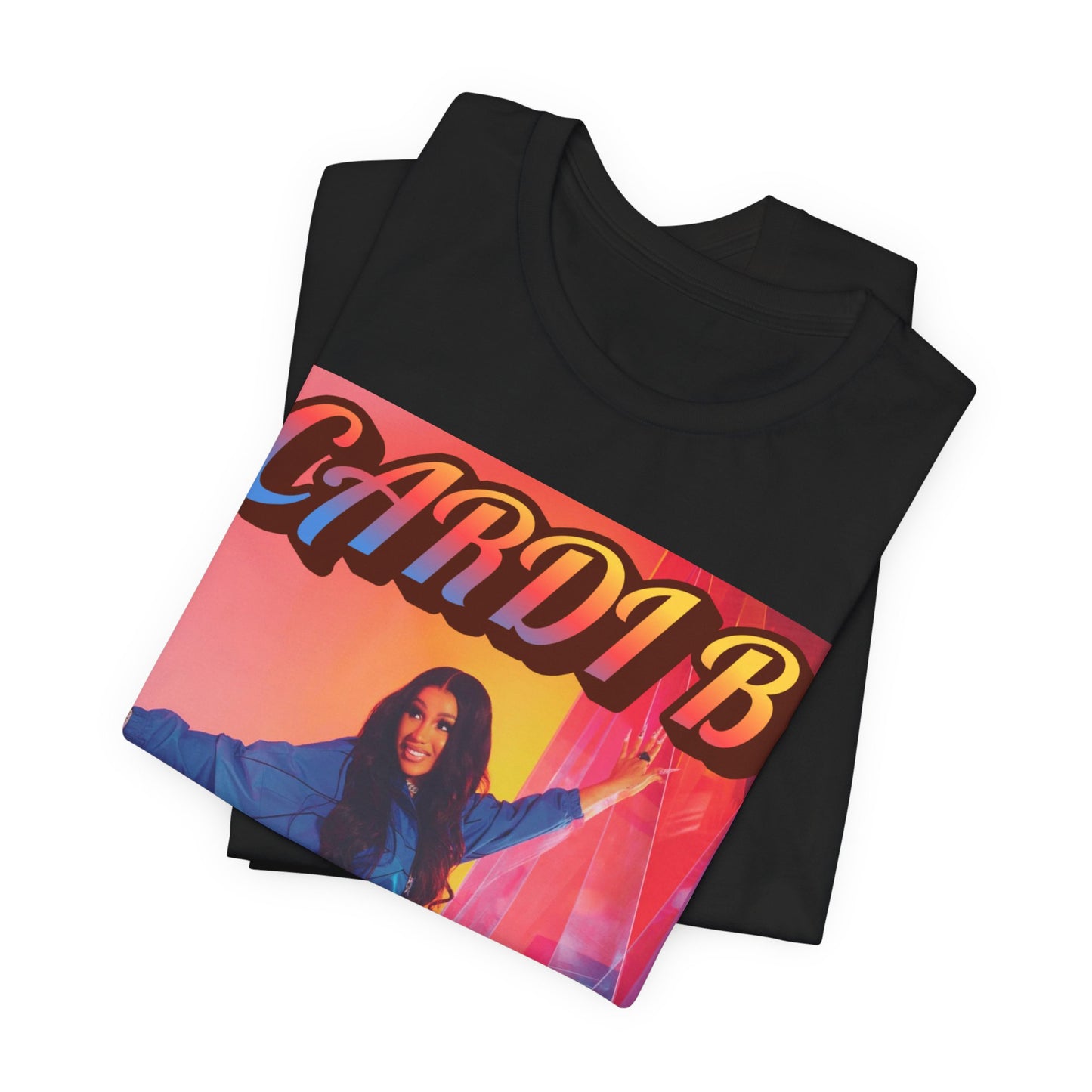A black graphic t-shirt featuring a graphic of Cardi B, designed with a rap aesthetic.