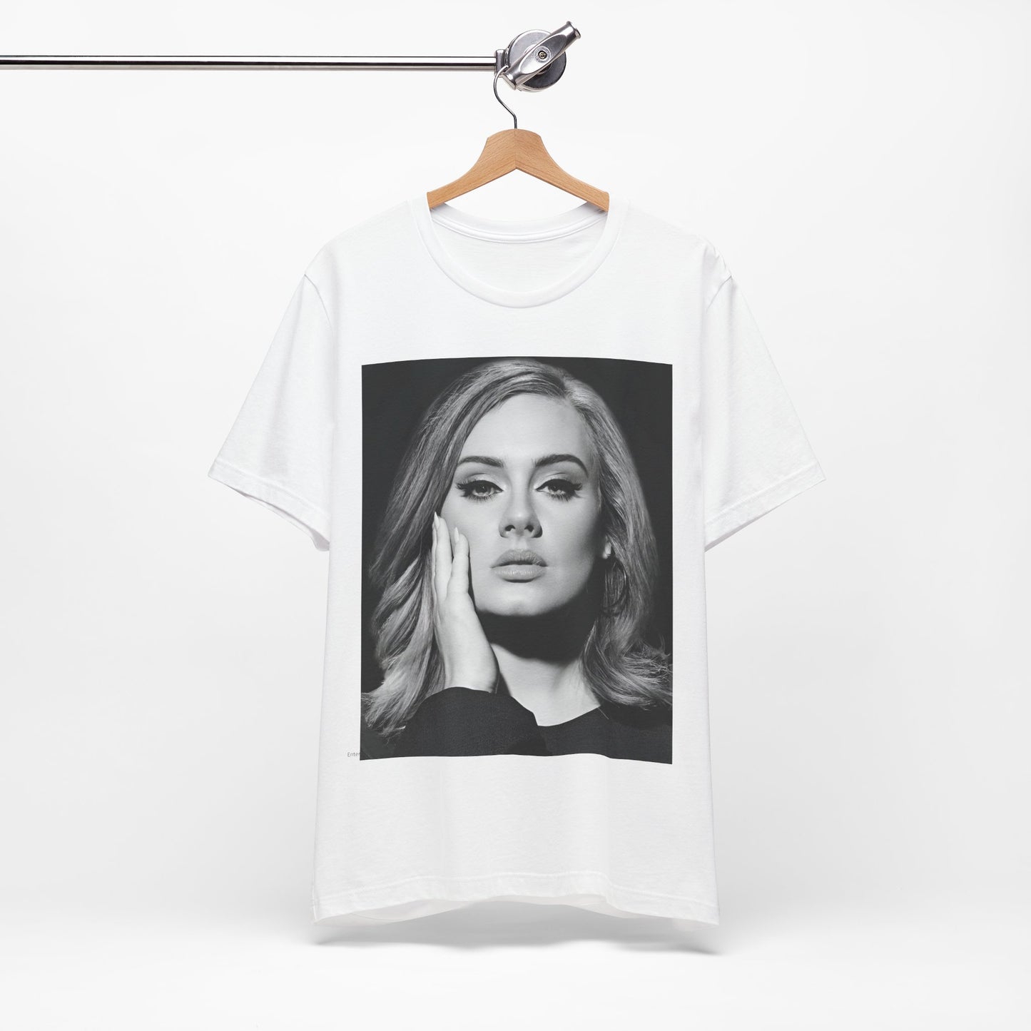 A black graphic t-shirt featuring a studio portrait of Adele from her '25' album era, showing a poised and thoughtful expression with her hair styled elegantly.