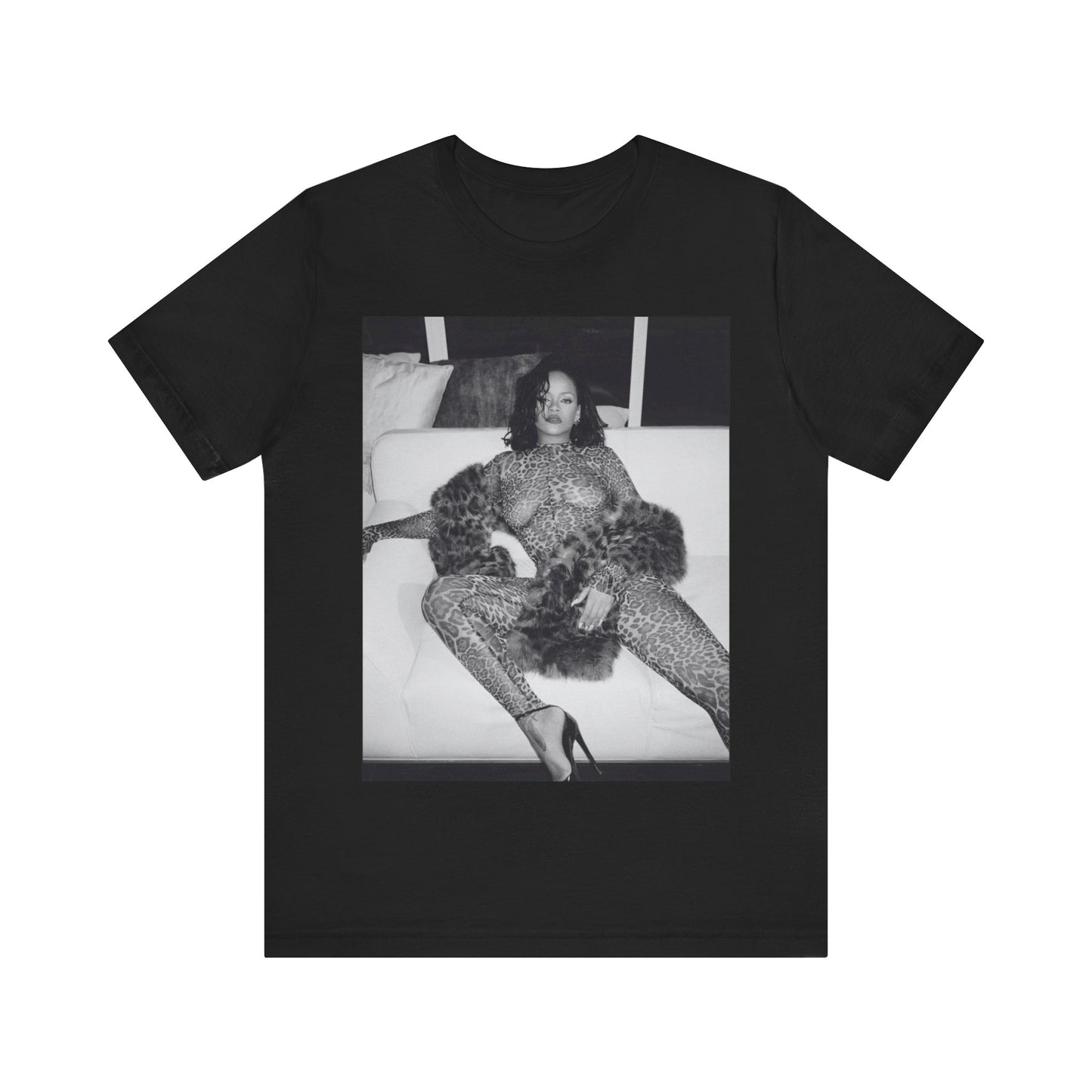 A black graphic t-shirt featuring a black and white, monochrome graphic or photo of Rihanna in a sexy pose.