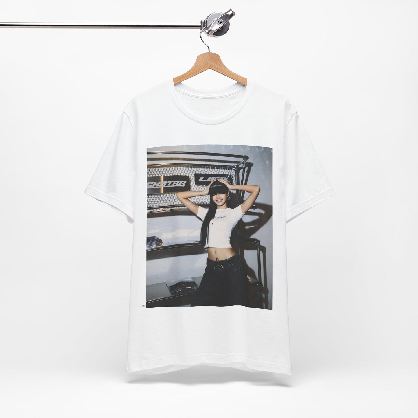 A black graphic t-shirt featuring a graphic of Lisa as a street K-Pop style queen.