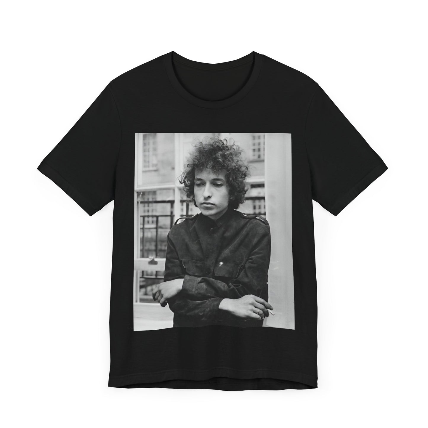 A black graphic t-shirt featuring a black and white graphic of Bob Dylan from the folk revival era.