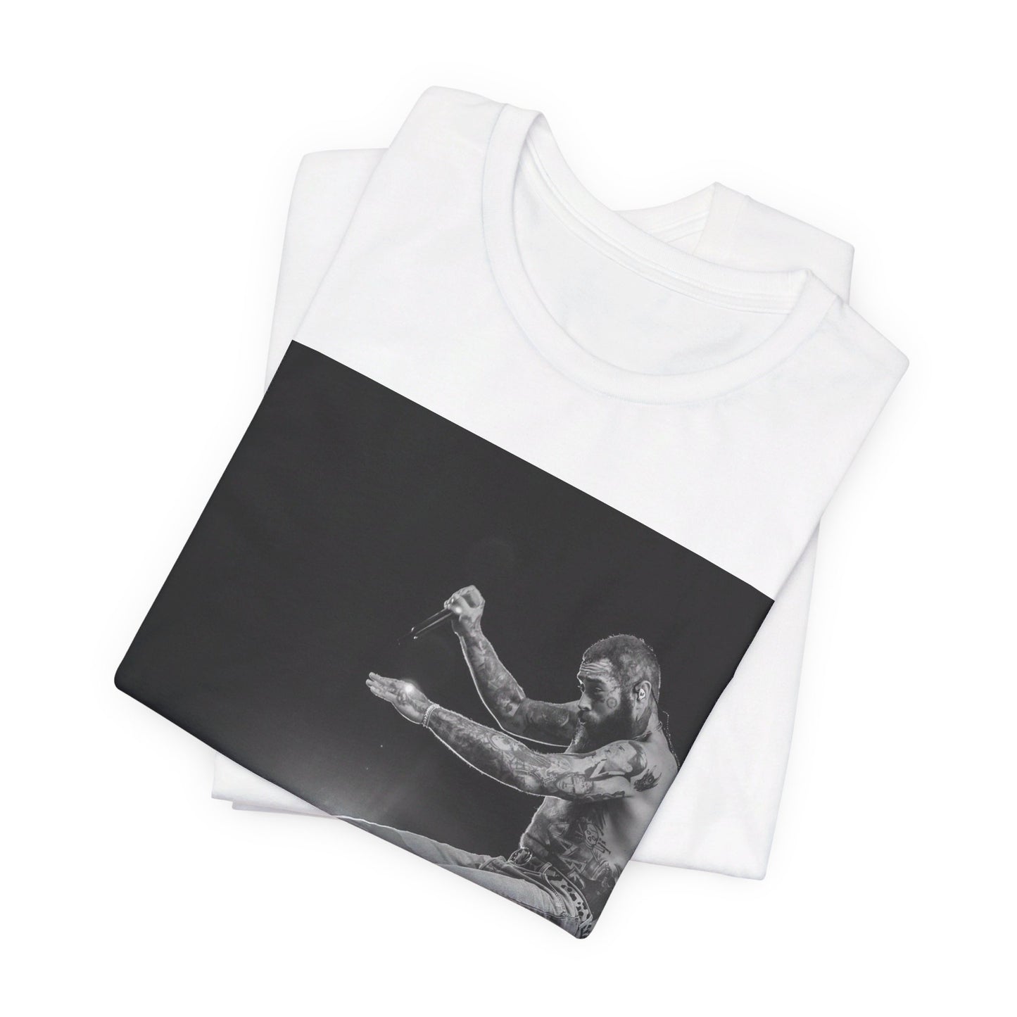 A black graphic t-shirt featuring a vintage graphic or photo of Post Malone performing live.