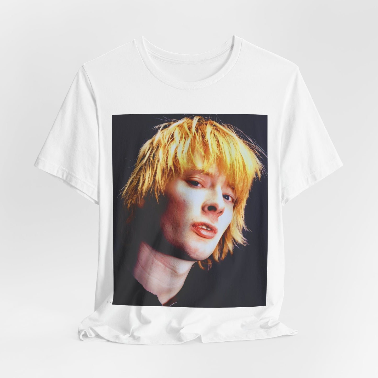 A black graphic t-shirt featuring an aesthetic graphic of Thom Yorke from Radiohead.