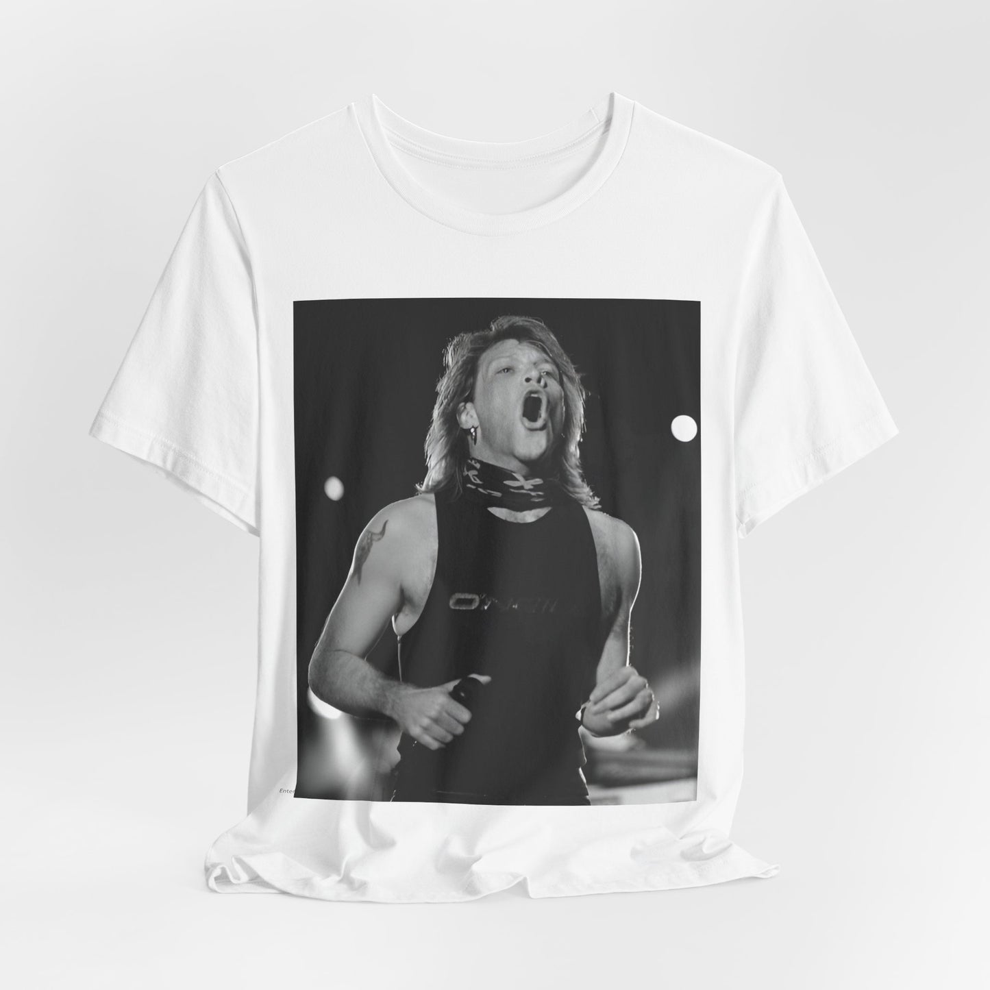 A black graphic t-shirt featuring a black and white iconic graphic or photo of Bon Jovi as superstars.