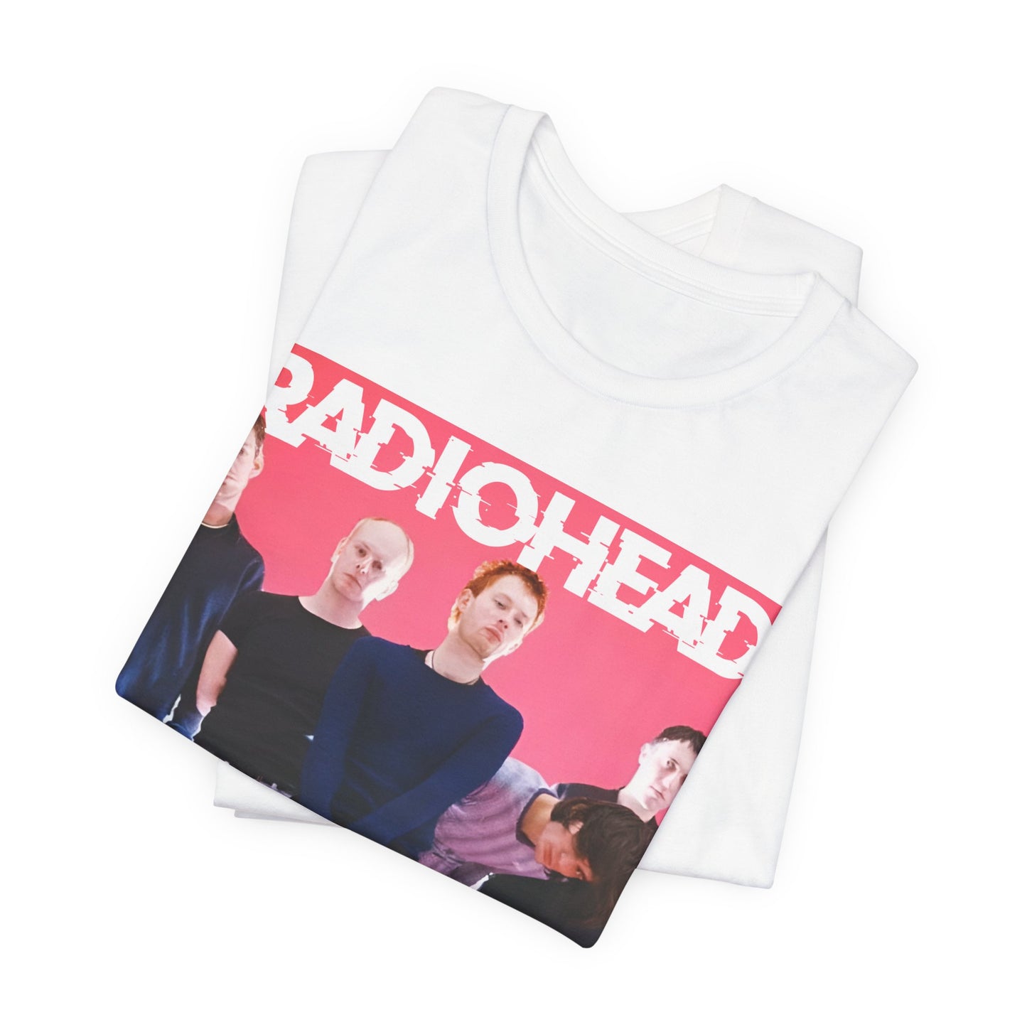 A black graphic t-shirt featuring a 90s alternative aesthetic graphic of Radiohead.