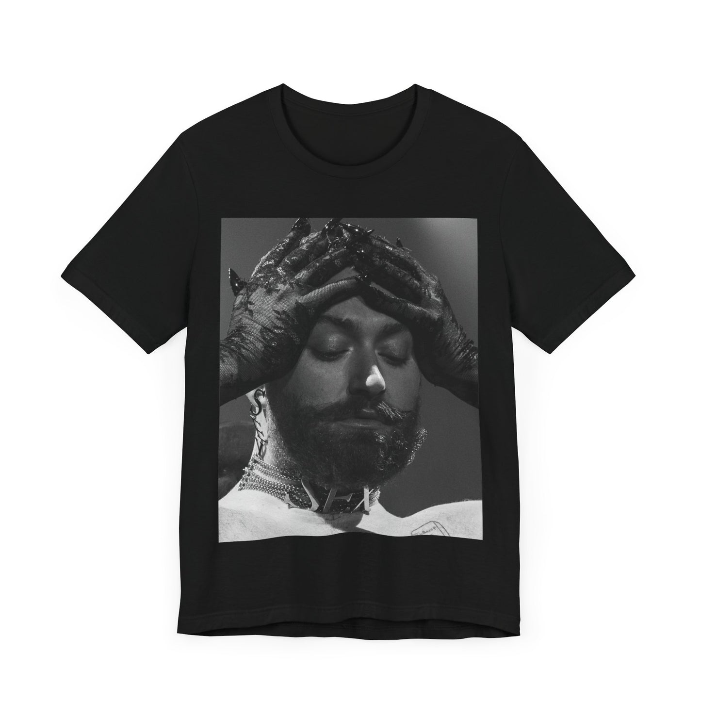 A black graphic t-shirt featuring a black and white graphic or photo of Sam Smith performing live on stage.