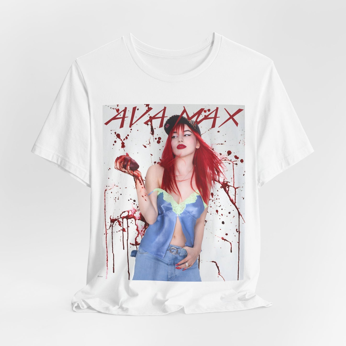 A black graphic t-shirt featuring a bold and vibrant pop art style graphic of Ava Max.