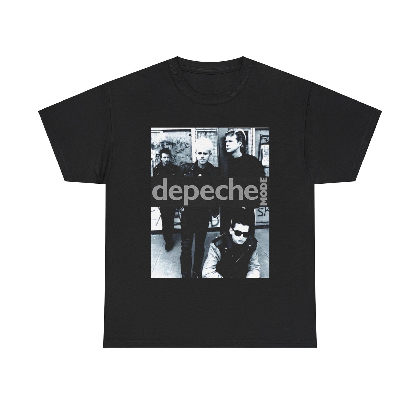 A black graphic t-shirt featuring a black and white photo portrait of the band Depeche Mode.