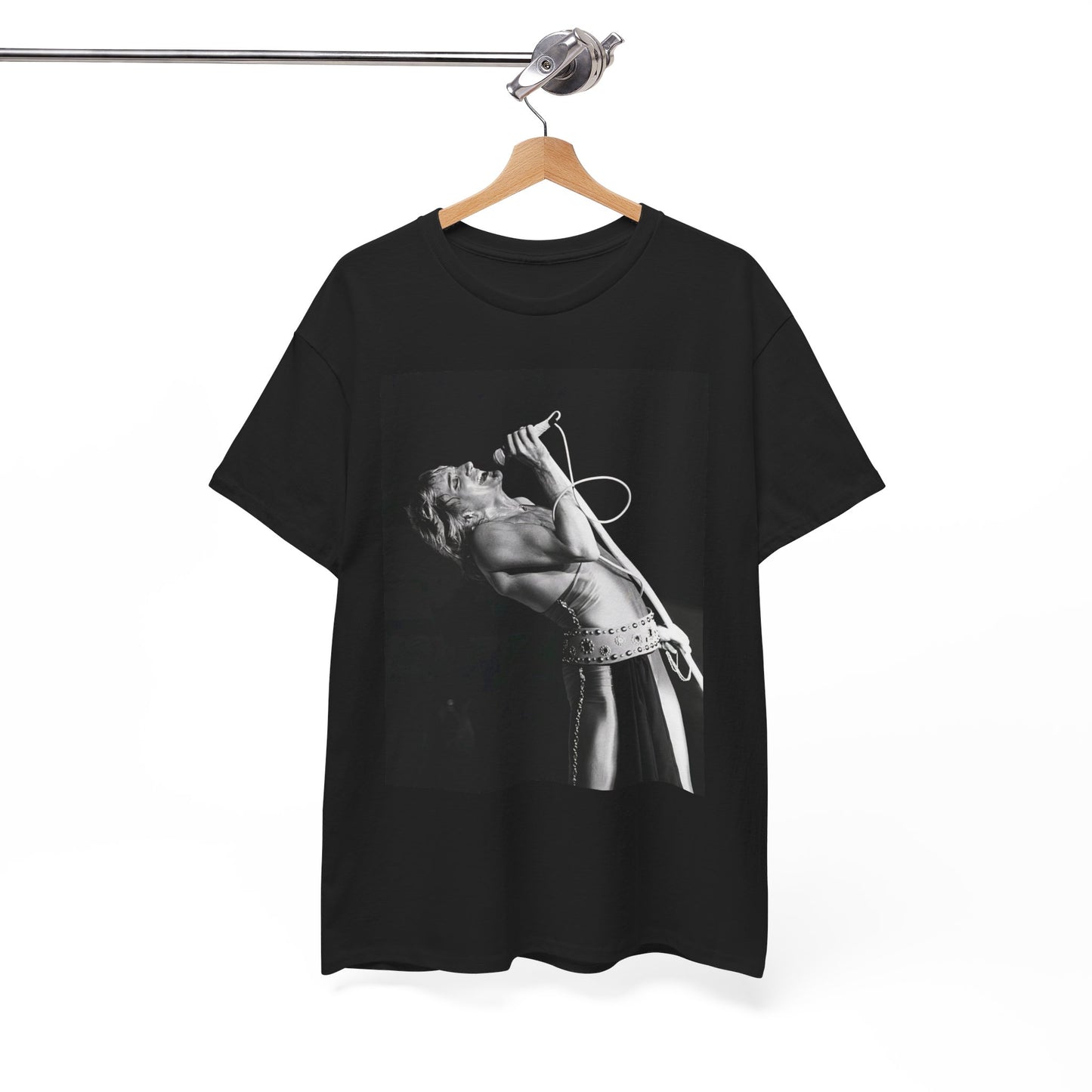 A black graphic t-shirt featuring a bold black and white graphic of Rod Stewart as a rock superstar.