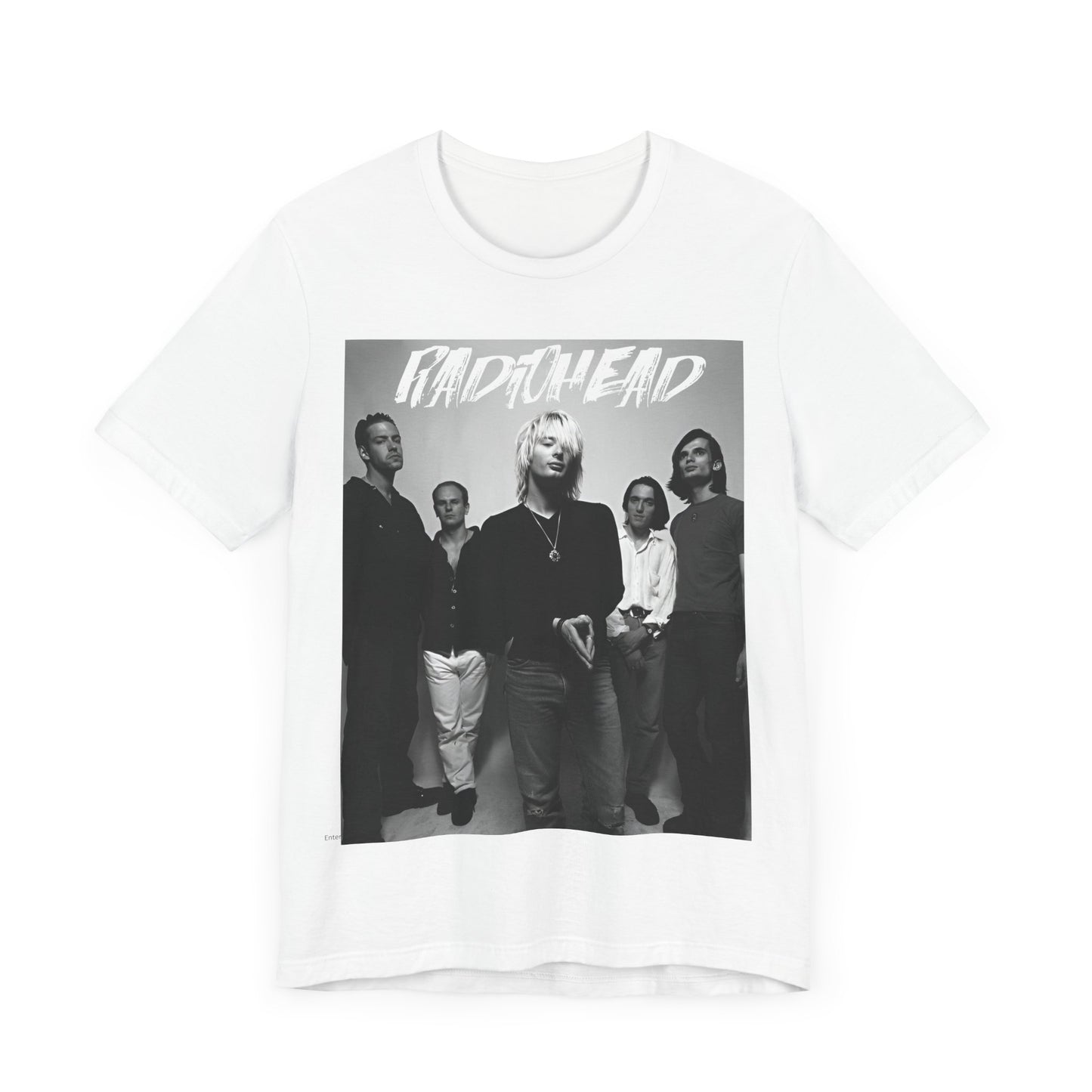 A black graphic t-shirt featuring a retro graphic related to Radiohead's 'OK Computer' album era.
