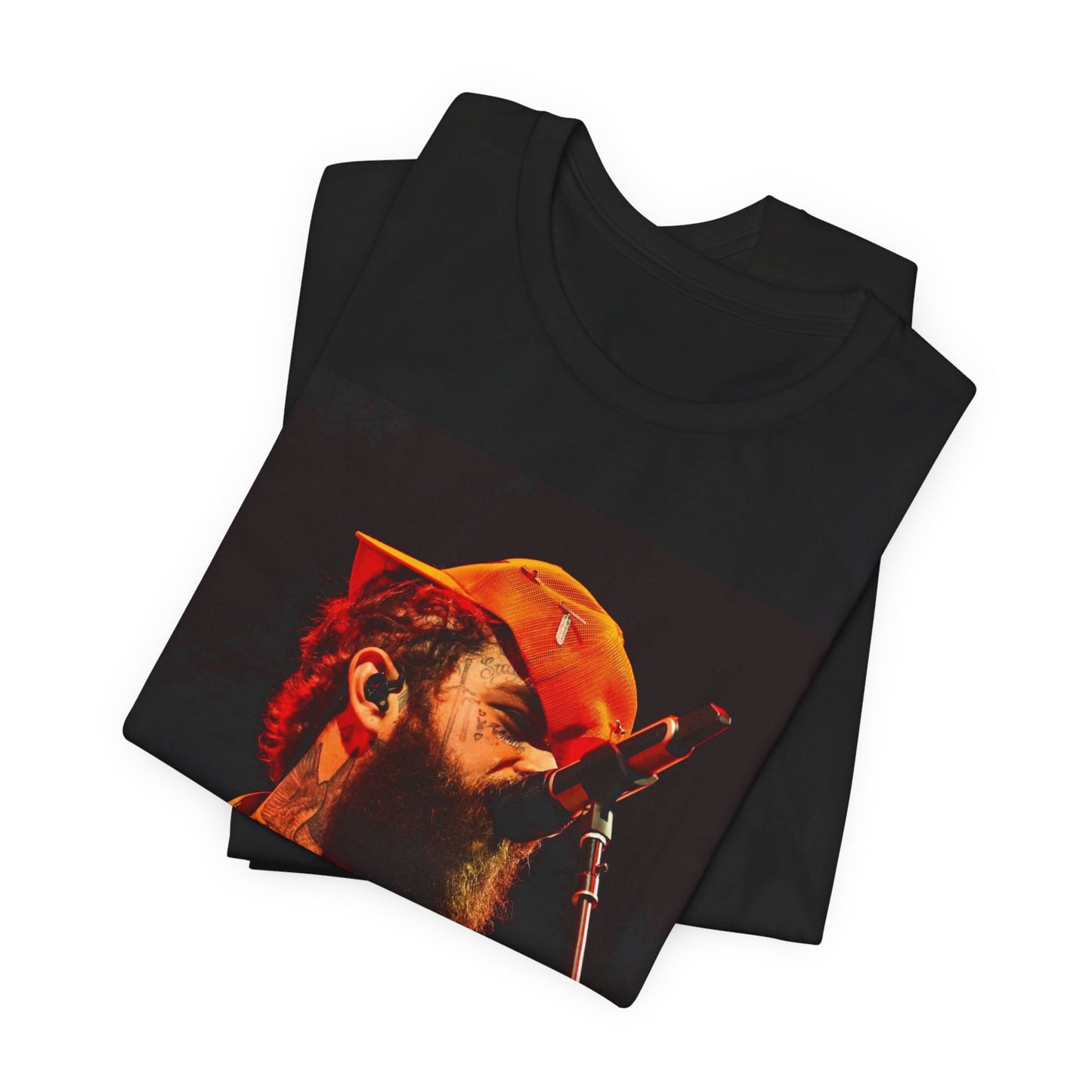 A black graphic t-shirt featuring a graphic or photo of Post Malone performing live on stage.