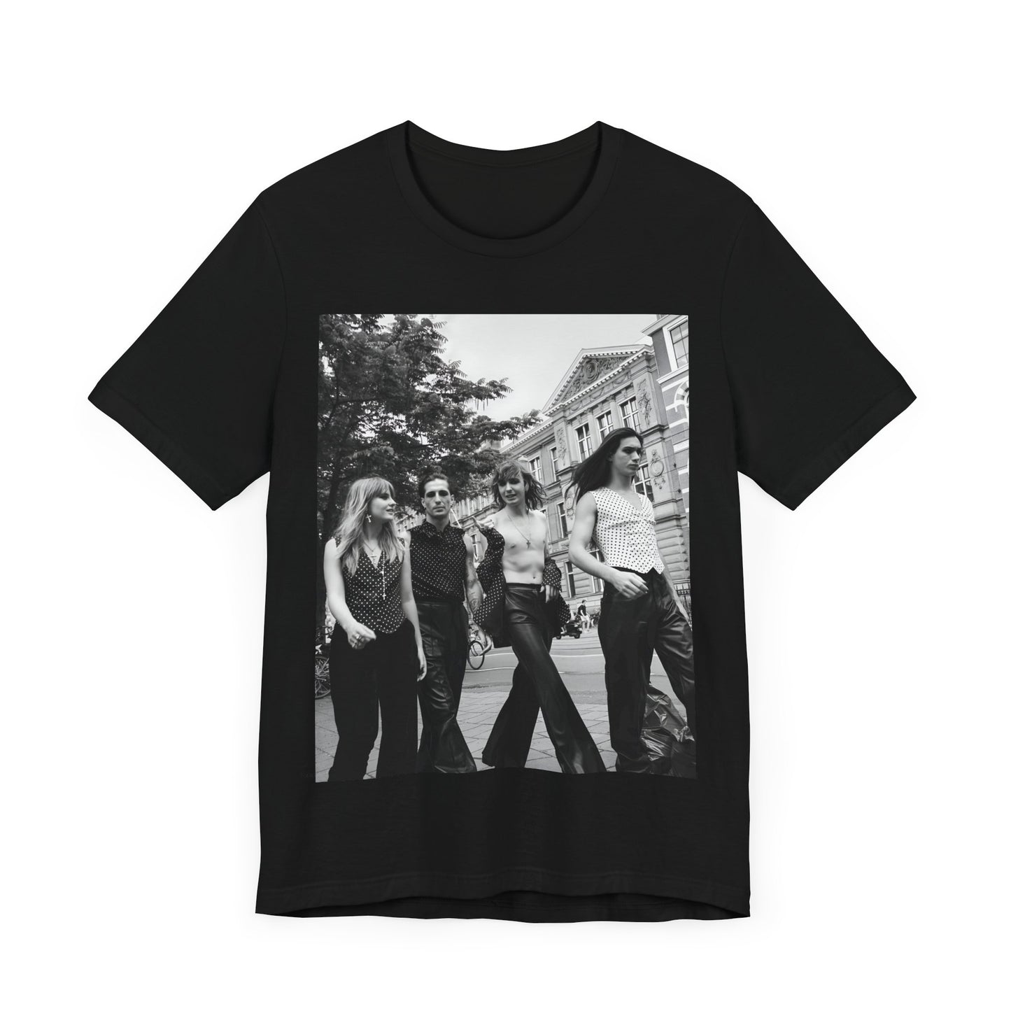 A black graphic t-shirt featuring a retro black and white monochrome graphic or photo of Maneskin.